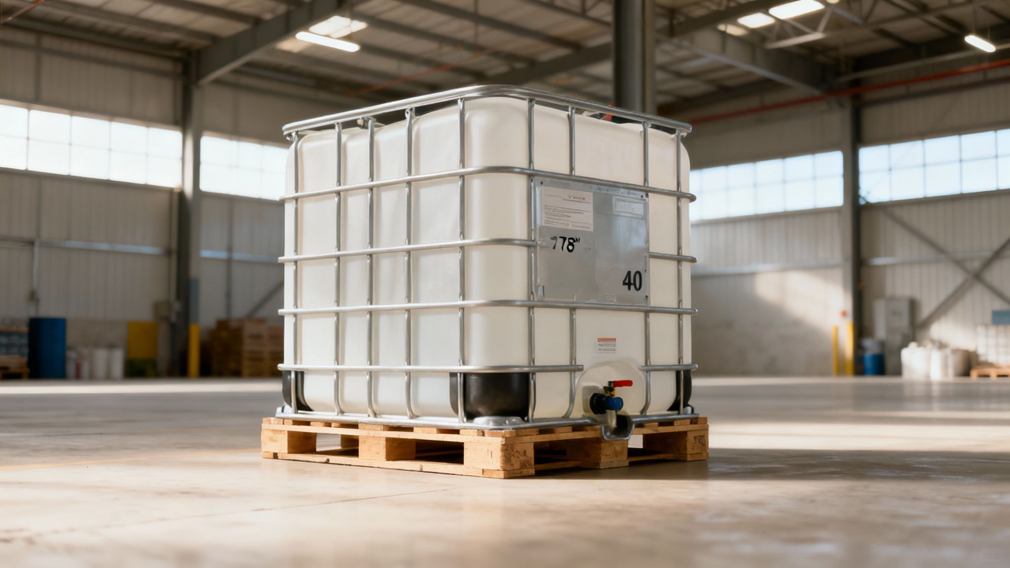 A 275-gallon IBC tote with a steel cage in a warehouse setting