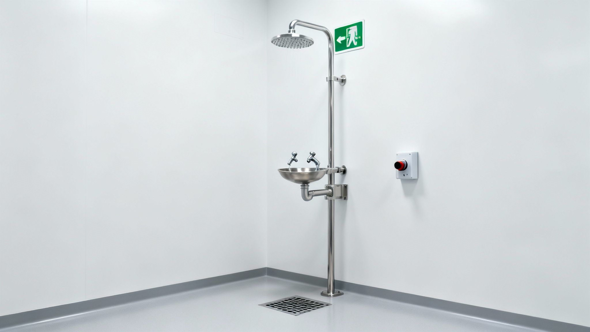 Emergency Shower and Eyewash Stations Workplace Guide An emergency eyewash and shower station in a clean industrial setting.