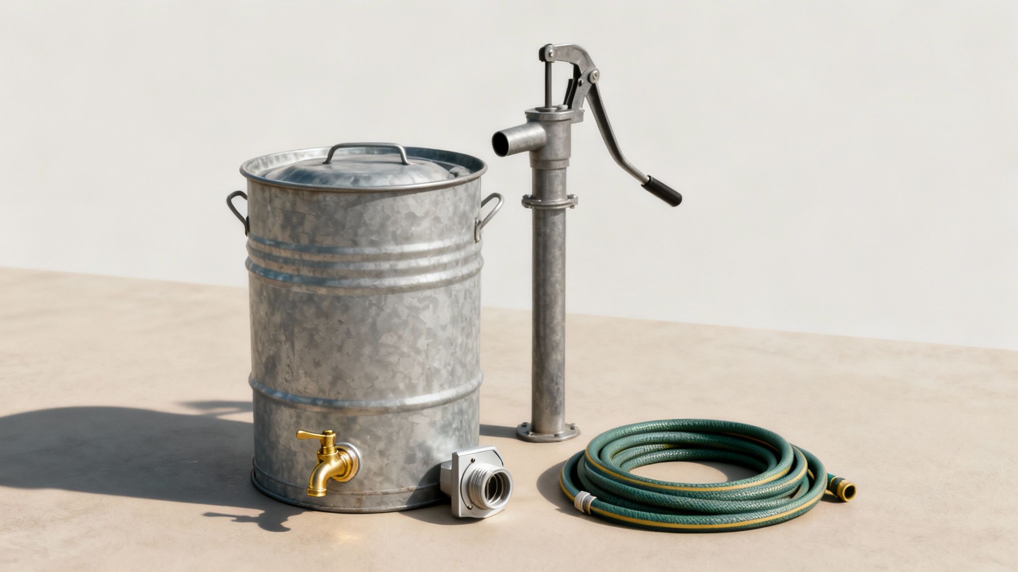 Your Guide to Choosing a Drum of Water Essential accessories like pumps and spigots next to a blue water drum.