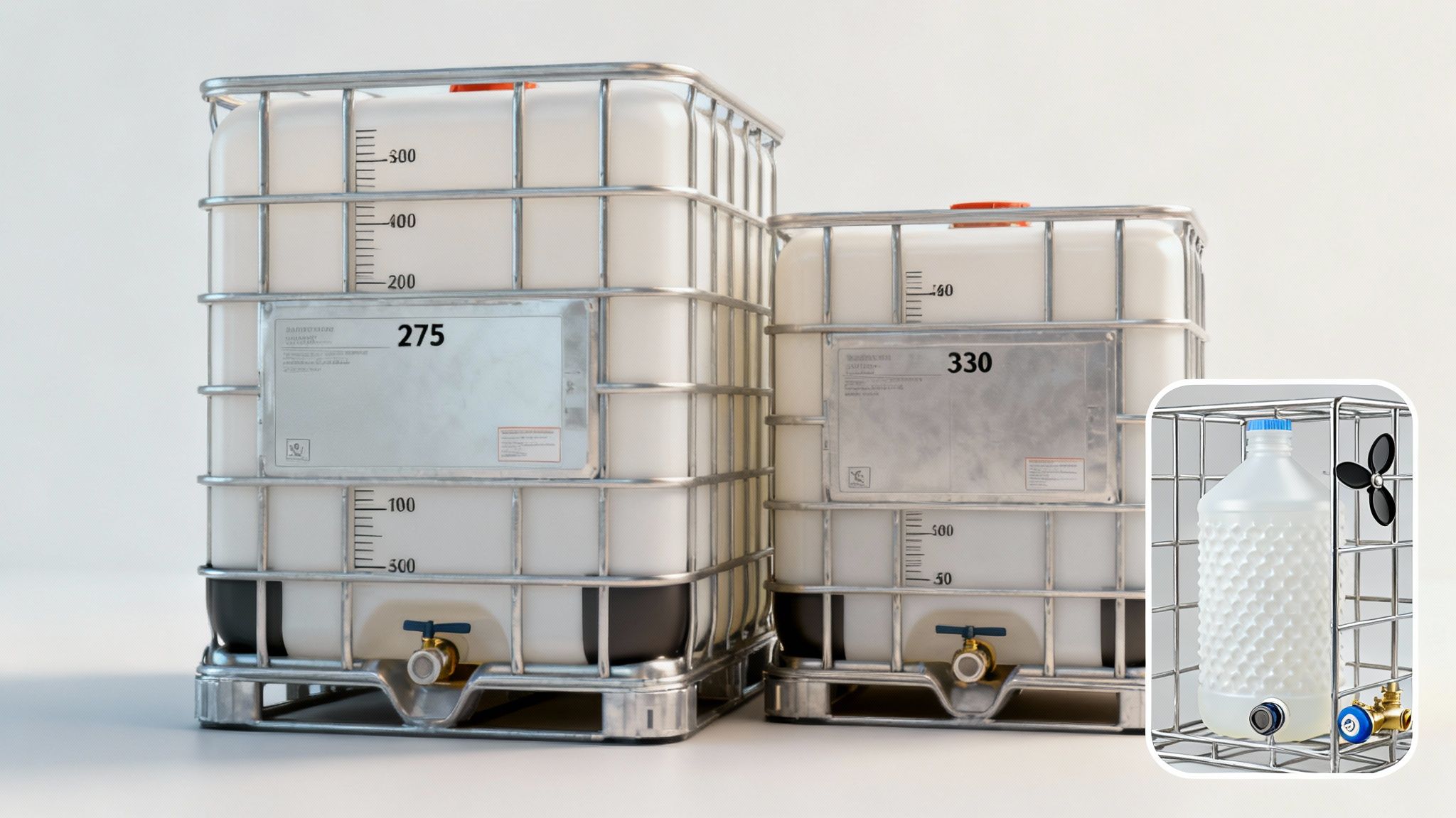 Close-up of a bulk container IBC showing its protective cage and inner tank