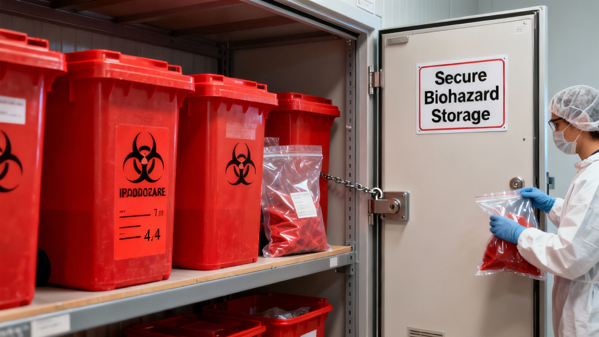A healthcare worker wearing gloves and a lab coat carefully places a red biohazard bag into a larger, clearly labeled biohazard waste container.