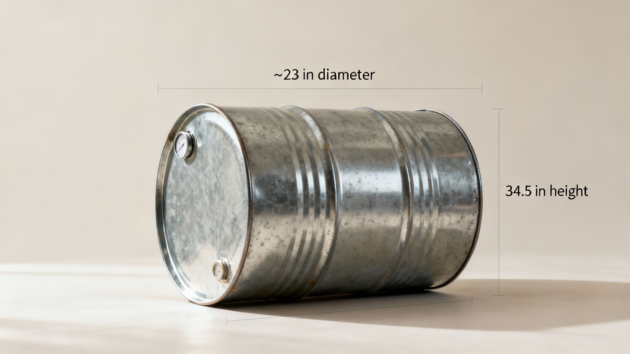 A close-up of the top of a standard steel 55-gallon drum, showing its bung holes and ridges.