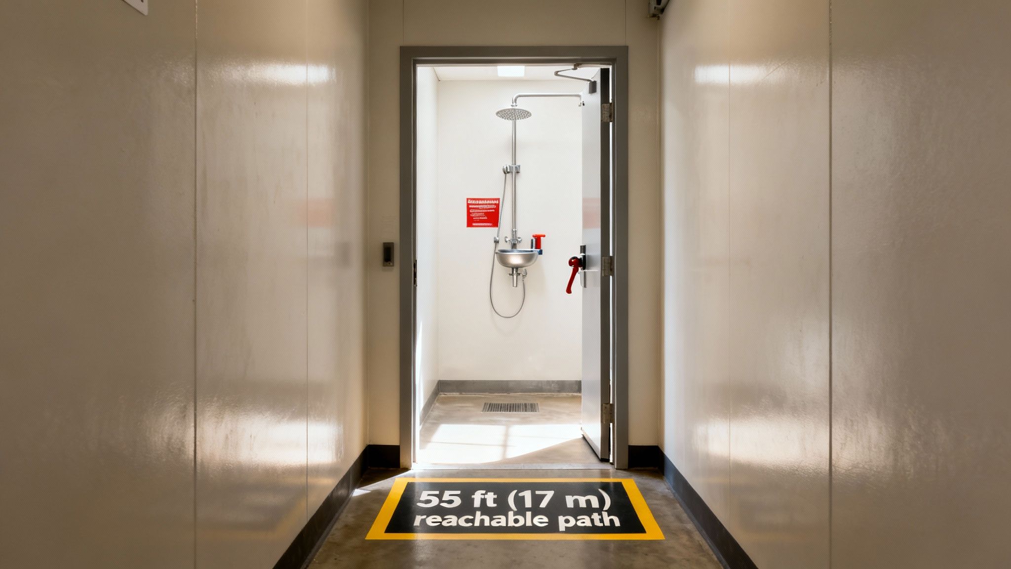 Emergency Shower and Eyewash Stations Workplace Guide An emergency shower and eyewash station with clear, unobstructed access in a well-lit area.