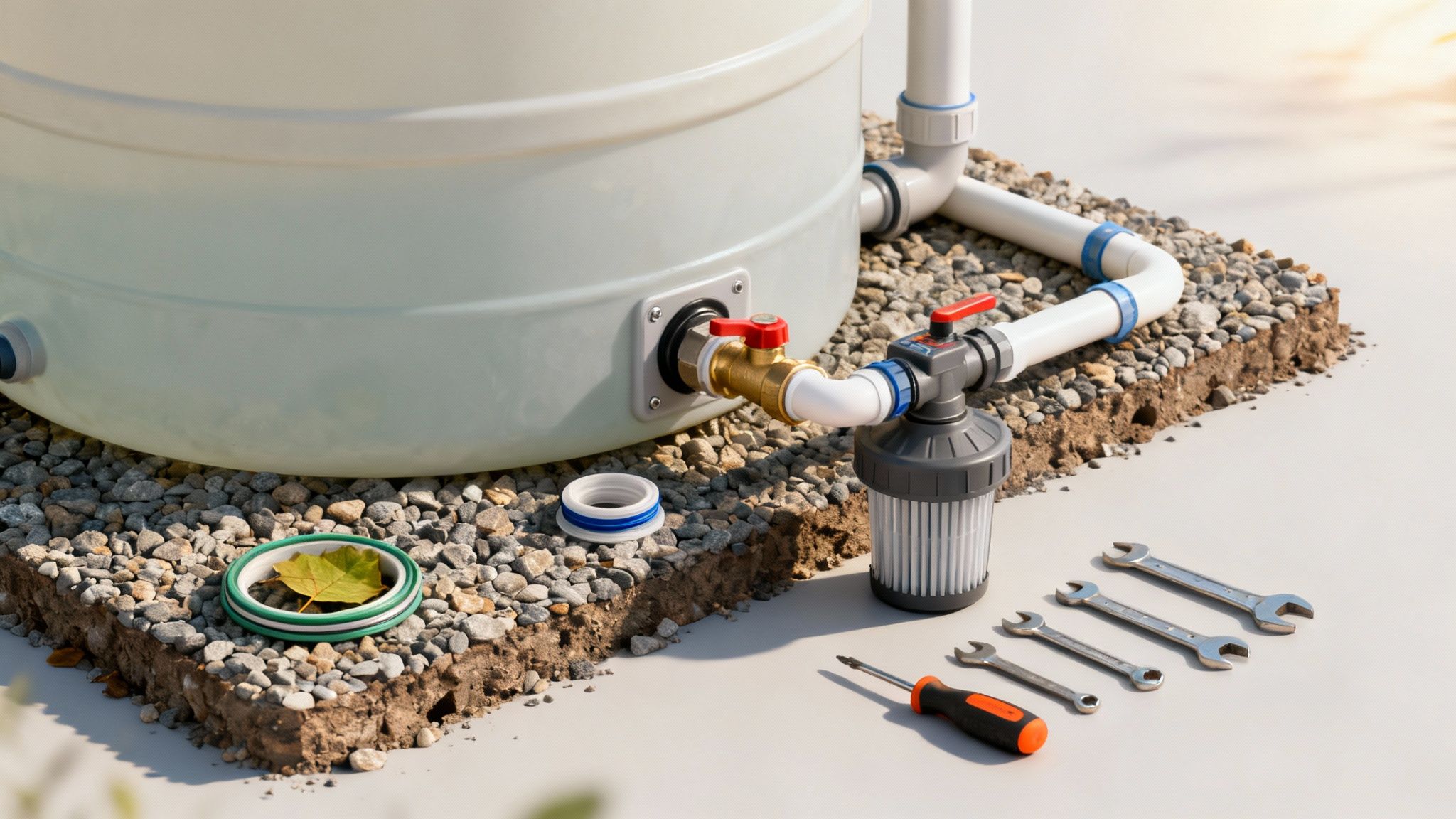 A person cleaning the inside of a large polyethylene water tank with a brush.