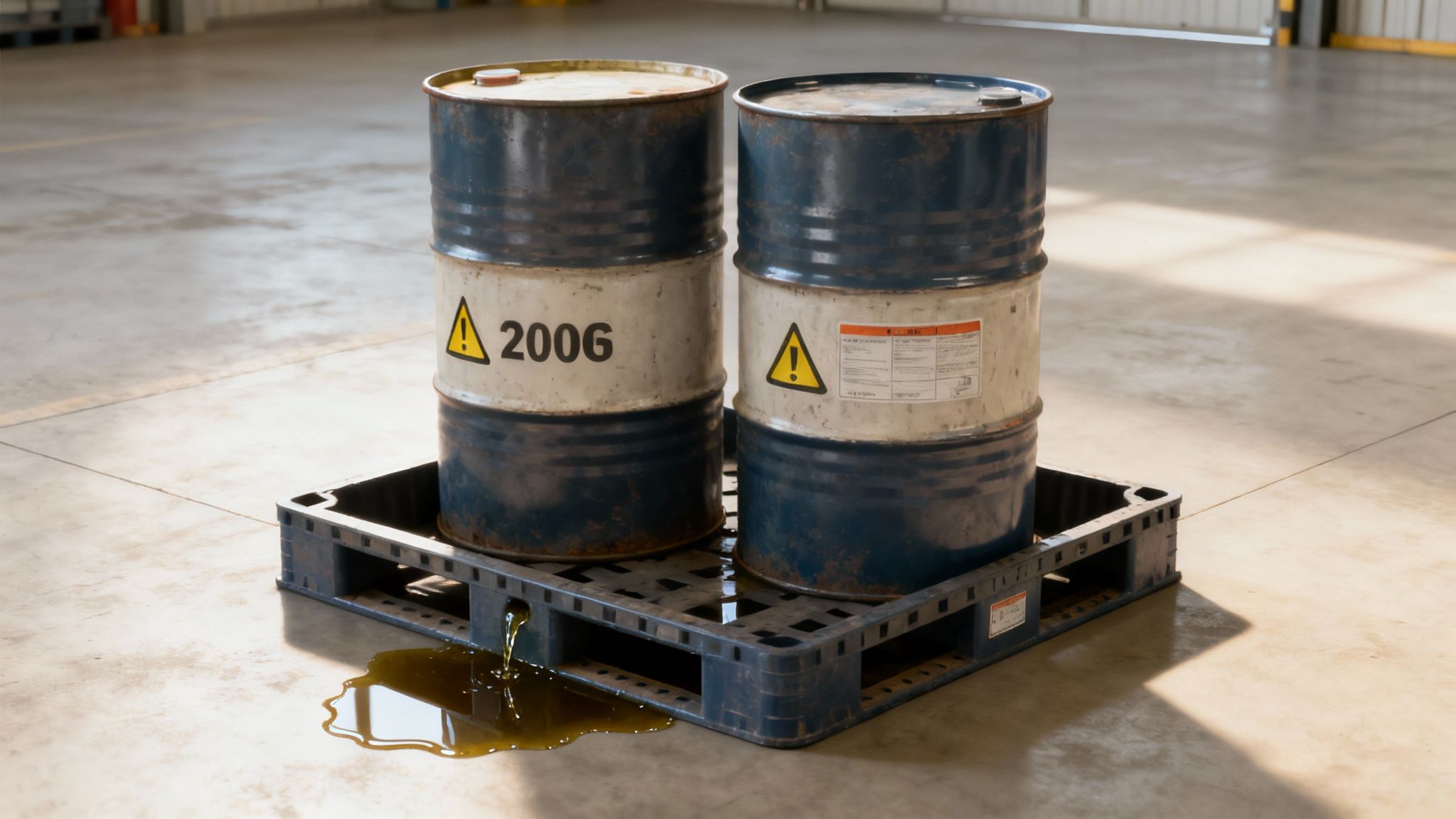 Choosing Your Spill Containment Pallet Drums secured on a yellow spill containment pallet in an industrial setting.