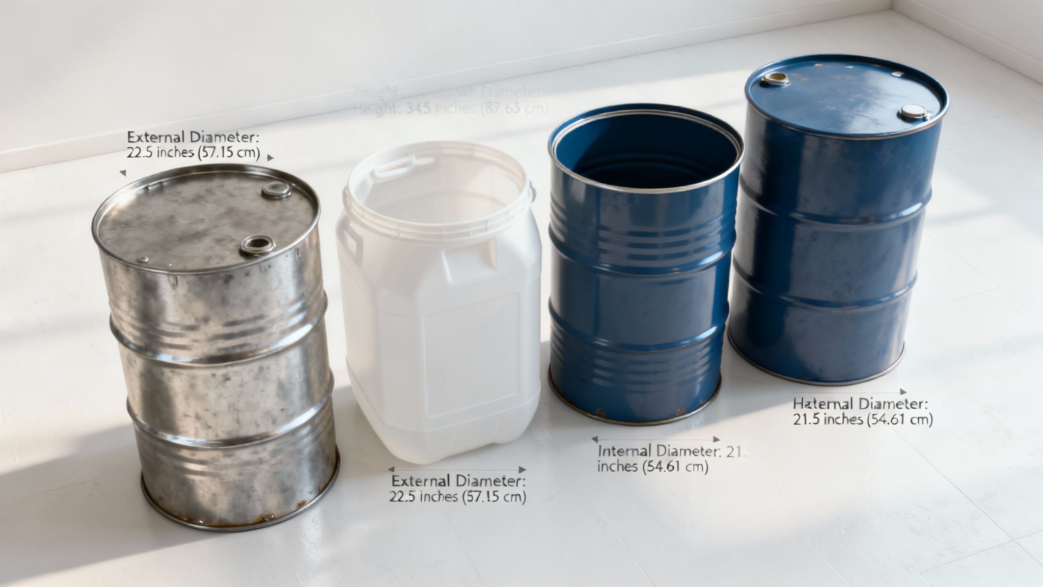 A steel 55-gallon drum and a plastic 55-gallon drum side by side