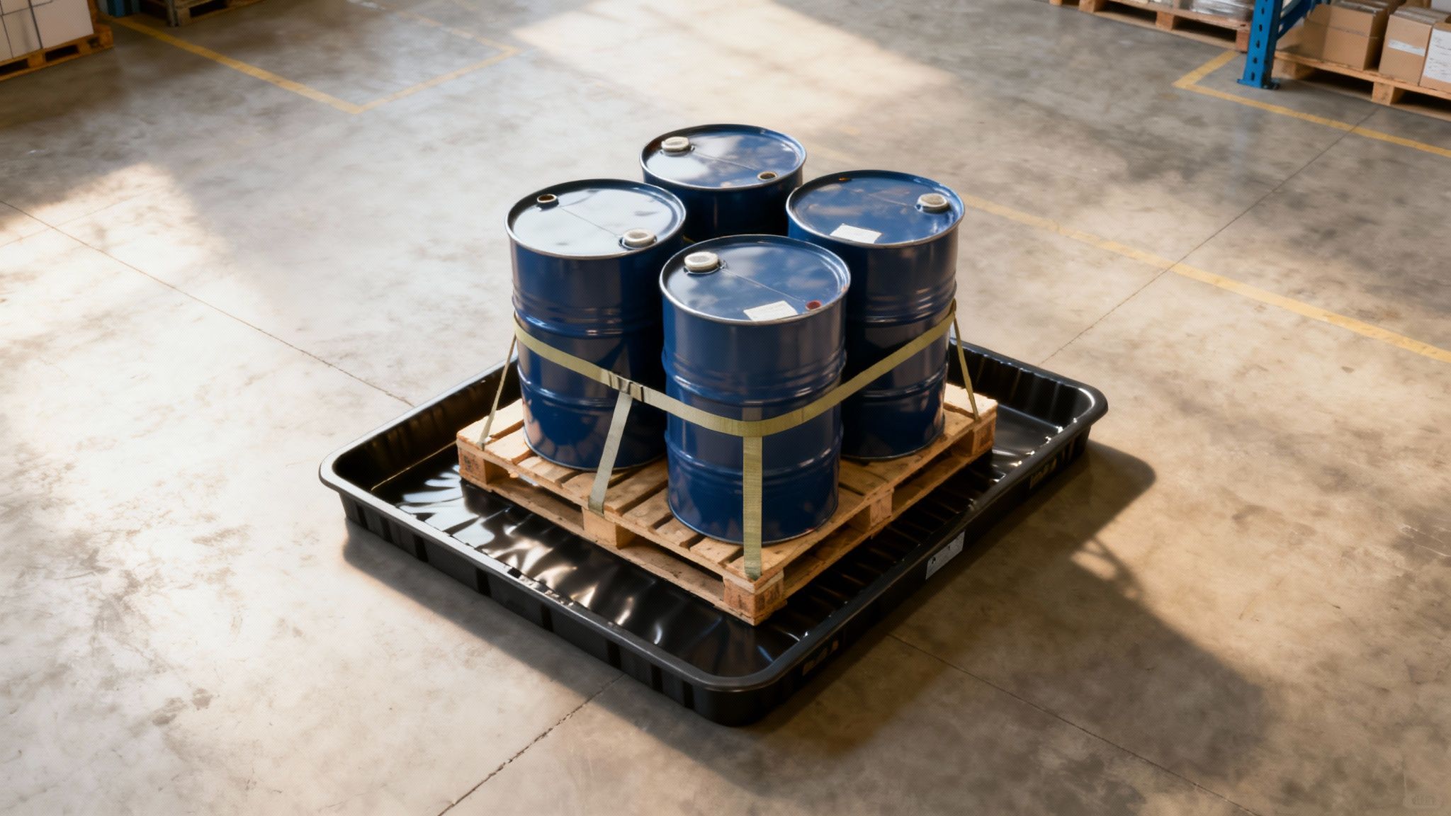 Four 55-gallon barrels arranged on a wooden pallet, demonstrating proper storage and palletizing.
