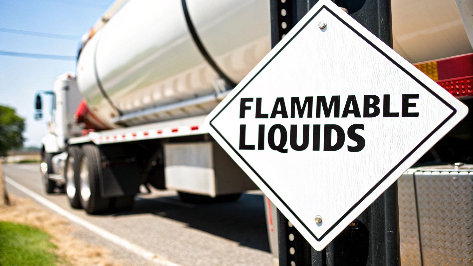 A close-up of a flammable liquids placard with the number 3, affixed to a white Intermediate Bulk Container (IBC).