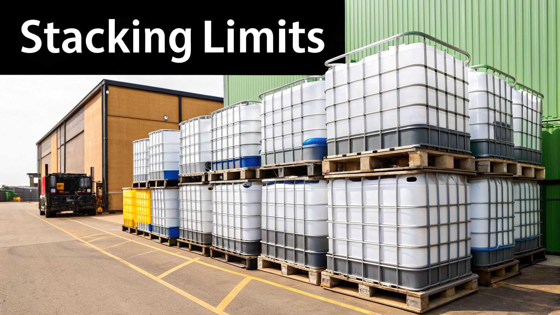A Complete Guide to IBC Tote Measurements Stacked IBC totes in a warehouse, demonstrating proper storage techniques.