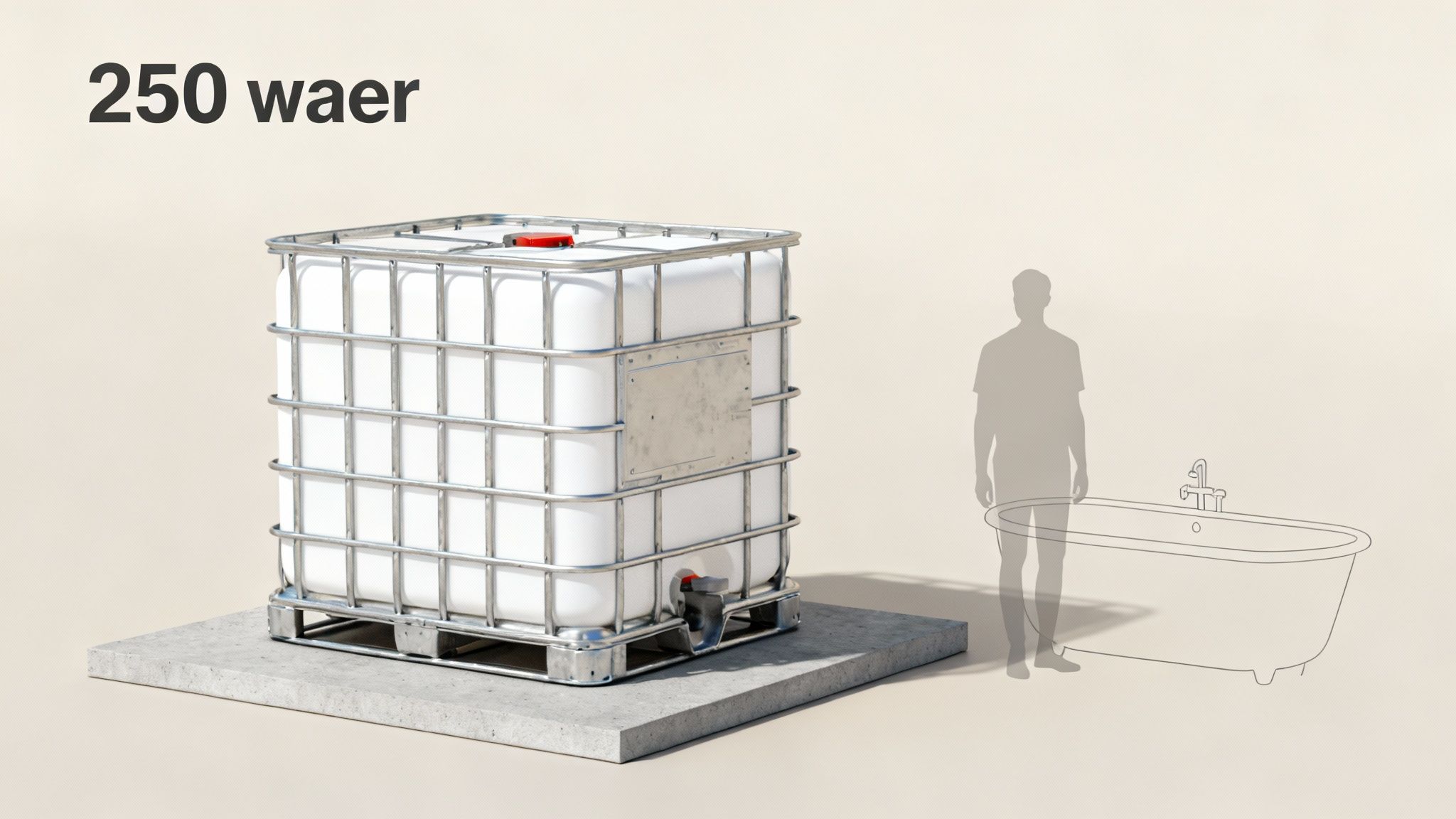 A 250 gallon water tank sitting on a pallet in an industrial setting, showcasing its plastic inner container and steel cage.