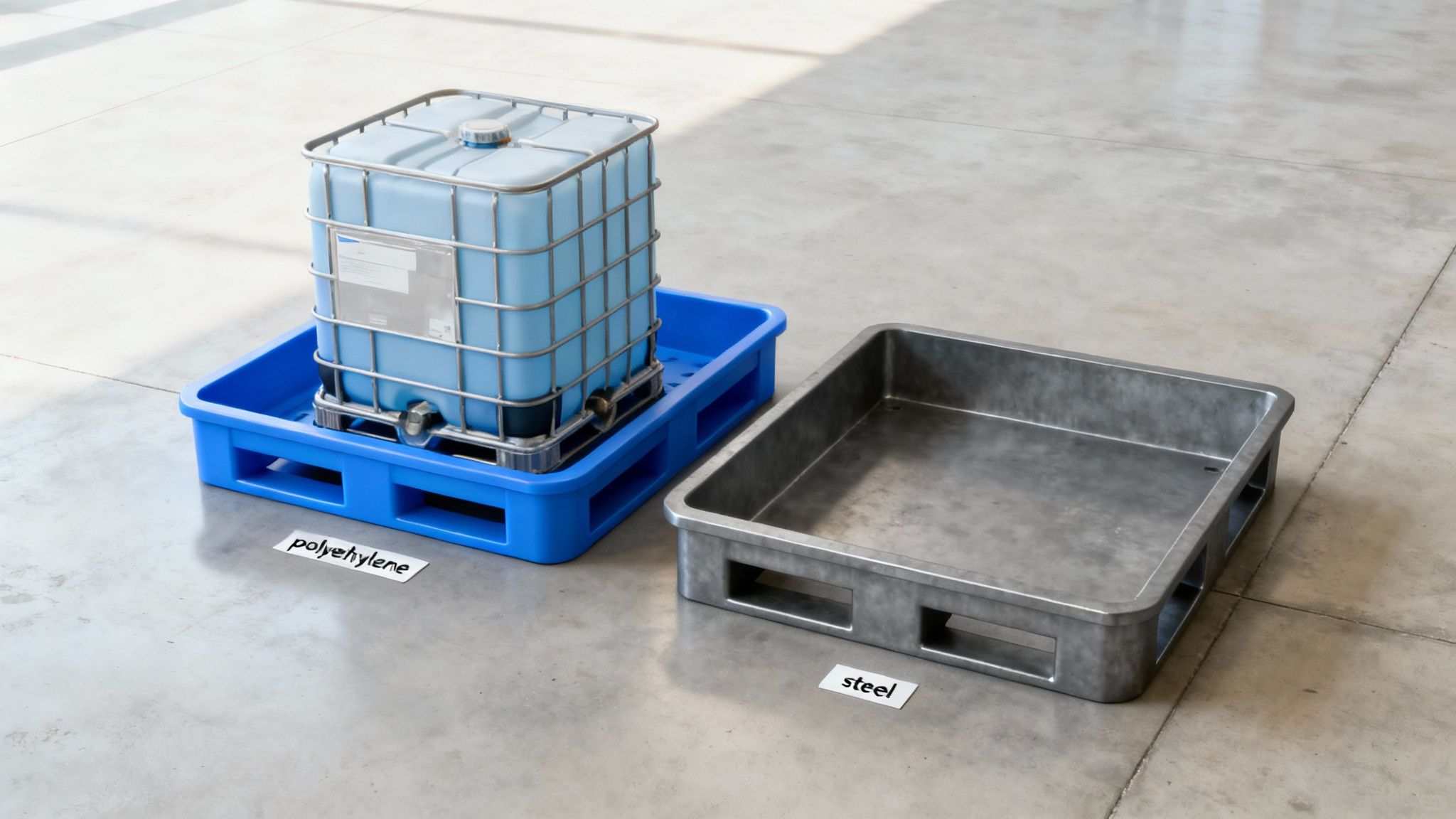 A Guide to Spill Containment Skids Two spill containment skids, one yellow and one blue, holding large white IBC totes in an industrial setting.