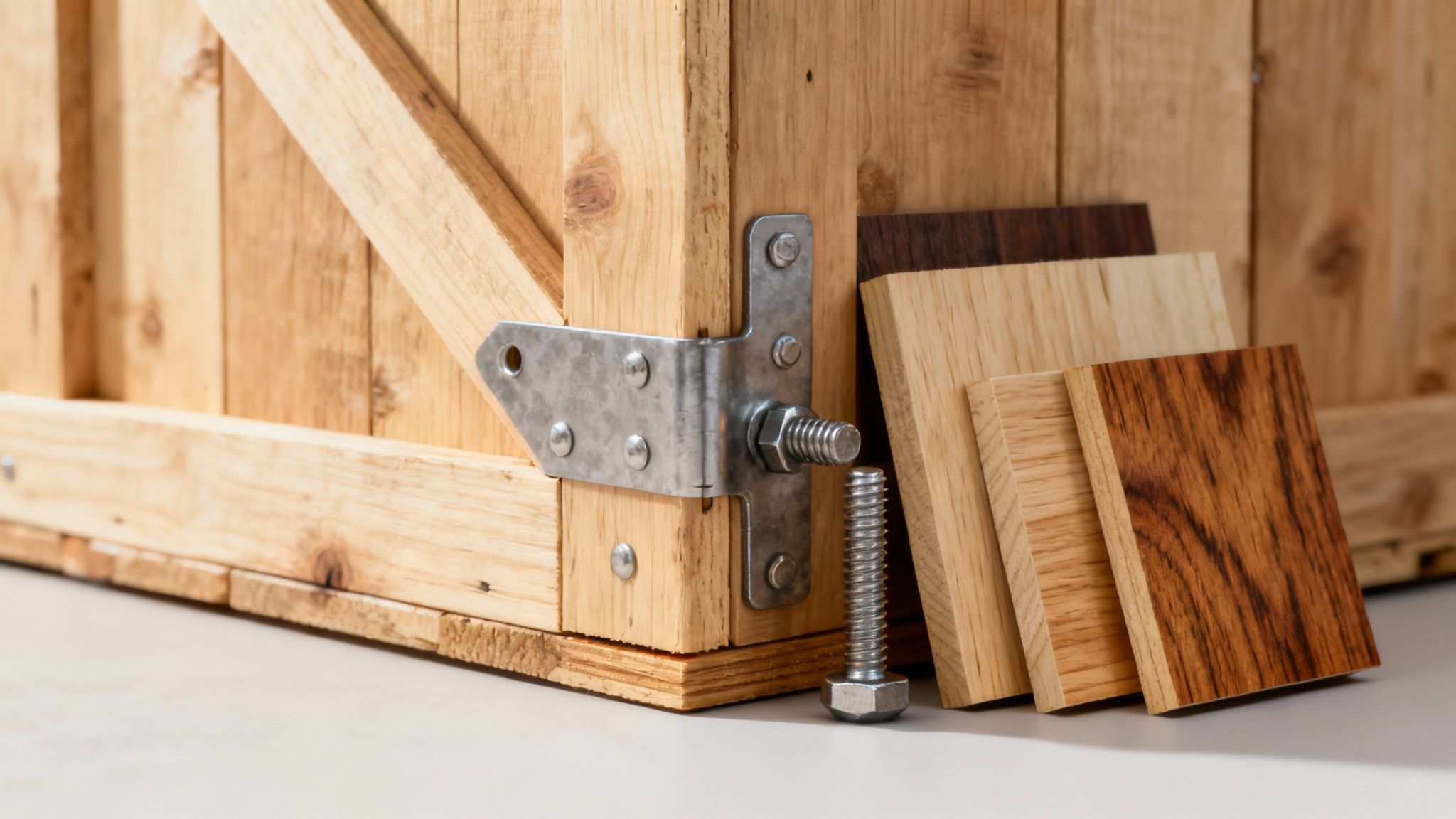Strong wooden crates stacked in a warehouse, showing their durable construction.