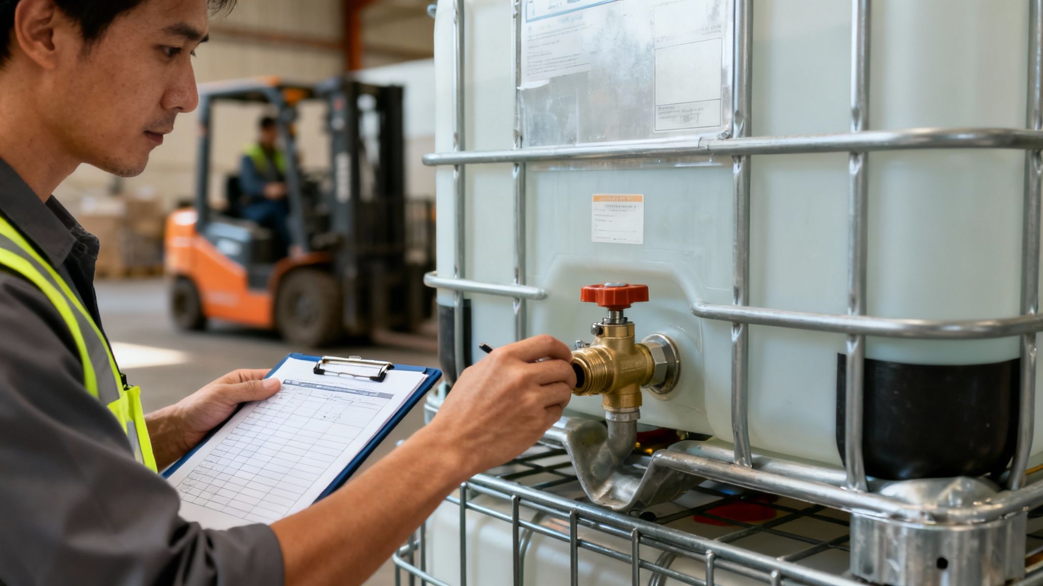 An IBC tote being carefully inspected for safety and maintenance purposes