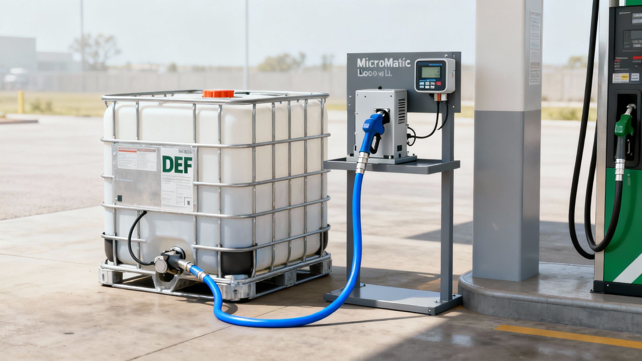 Essential accessories for a DEF dispensing system, including a pump, hose, and nozzle, attached to a tote.