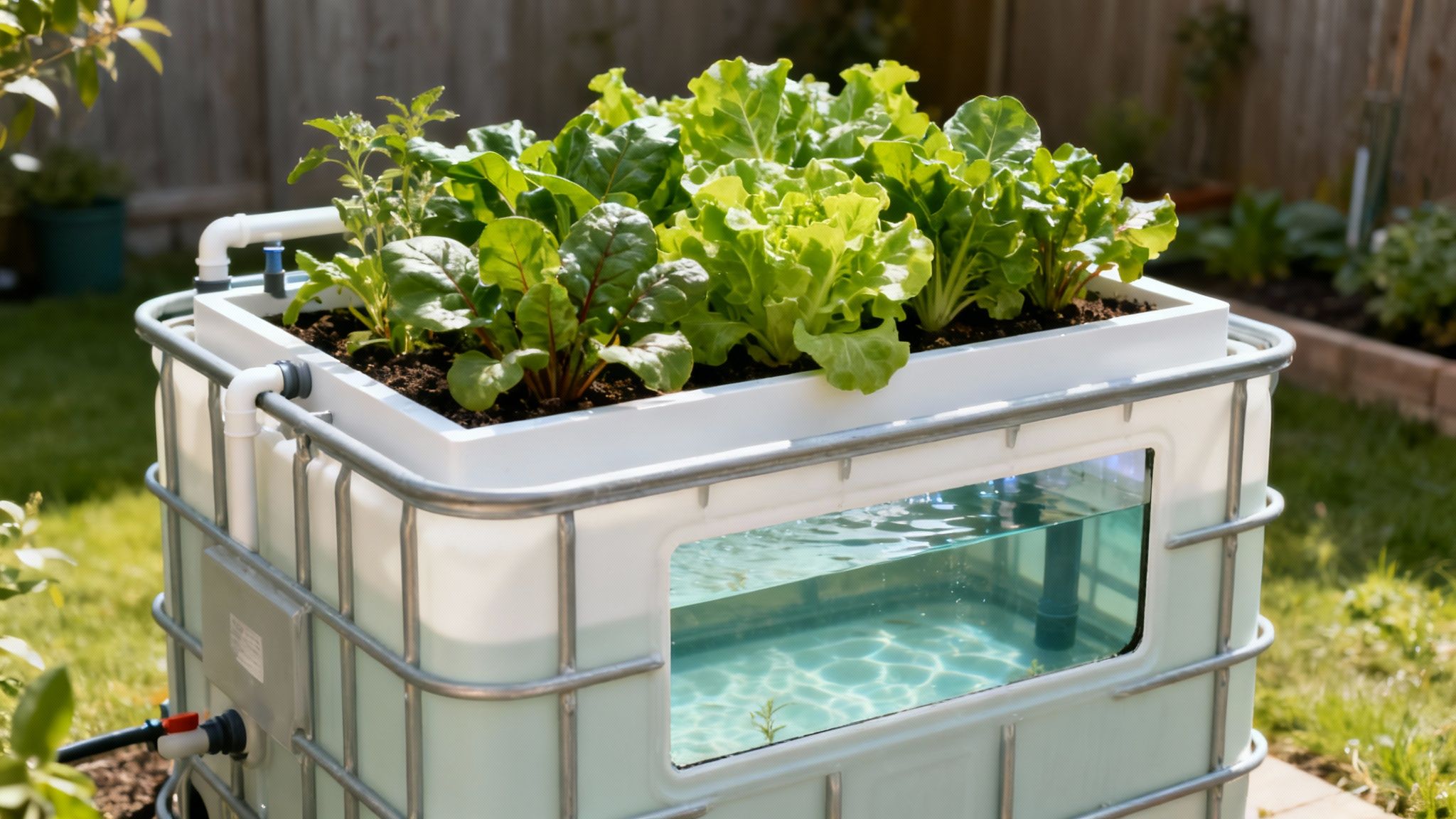 An aquaponics system built from an IBC tote, showing lush green plants growing above a fish tank.
