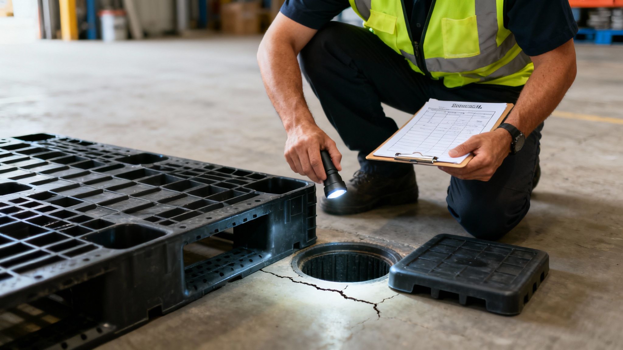 Choosing Your Spill Containment Pallet A worker in high-visibility clothing inspecting a yellow spill containment pallet with drums on it.