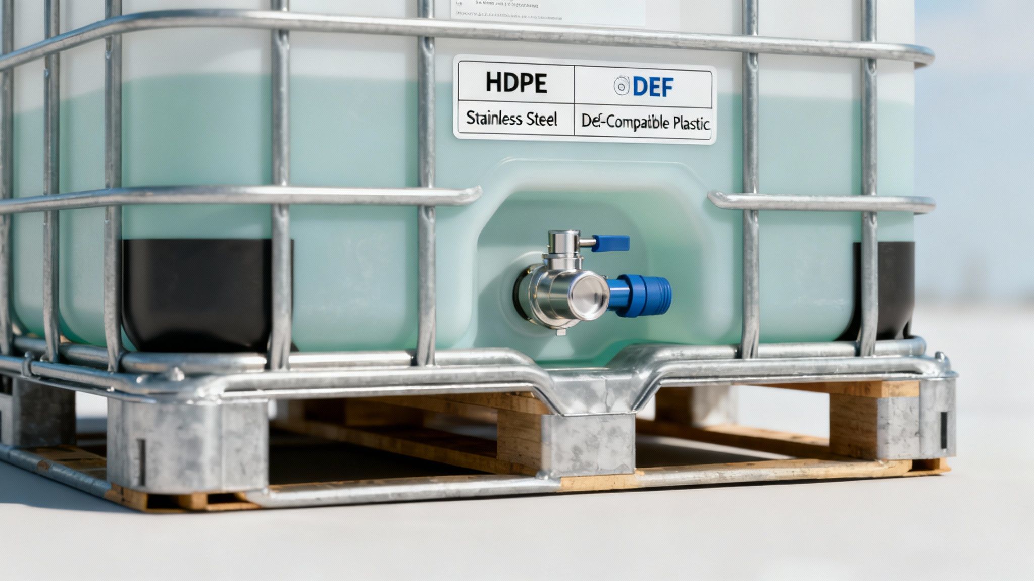 A close-up of a new diesel exhaust fluid tote, showing the protective steel cage and HDPE inner container.