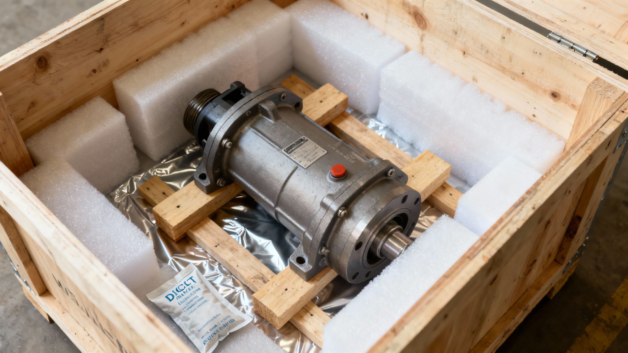 A worker carefully secures an item inside a large wooden shipping crate using straps.