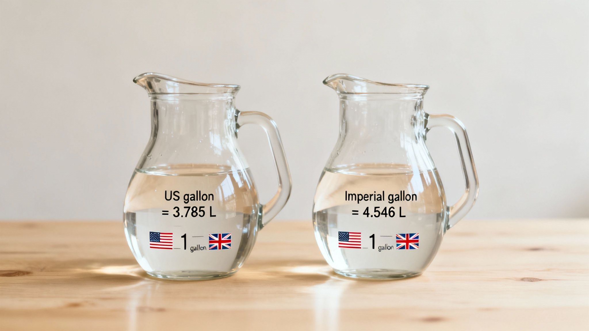 Two different sized water jugs, one labeled 'US' and the other 'Imperial', illustrating the size difference between the two types of gallons.