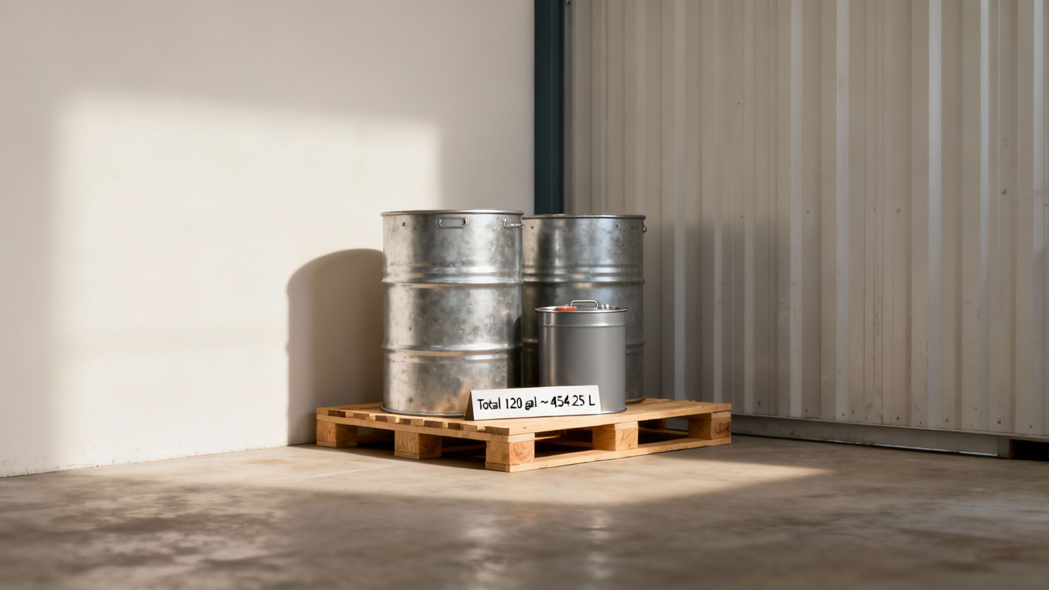 Industrial setting with large containers and pipes, suggesting bulk liquid handling.