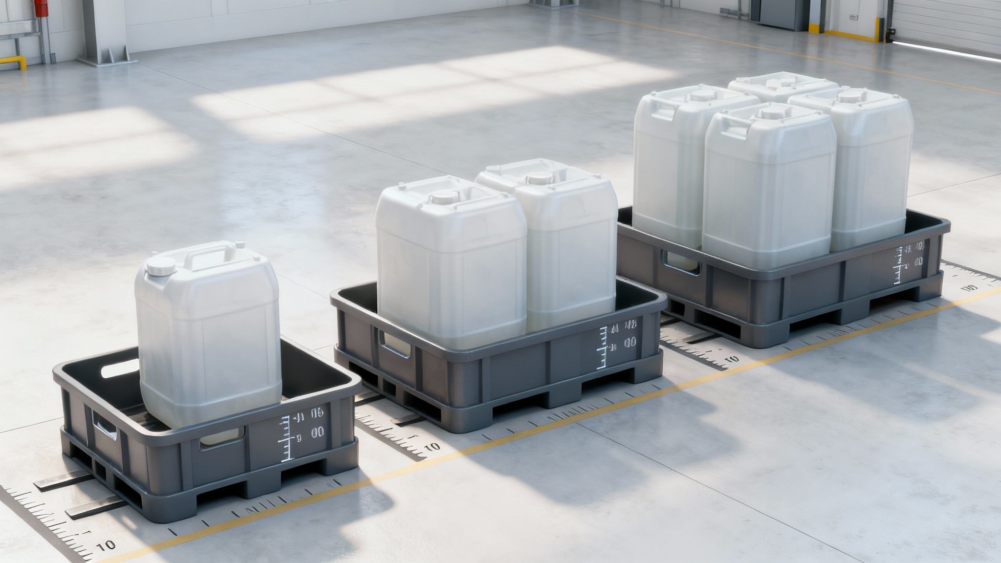 A Guide to Spill Containment Skids A yellow spill containment skid safely holding a large white IBC tote in a clean industrial warehouse setting.