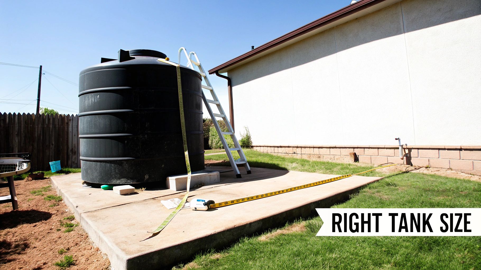 A person measuring a space outdoors for a potable water storage tank.