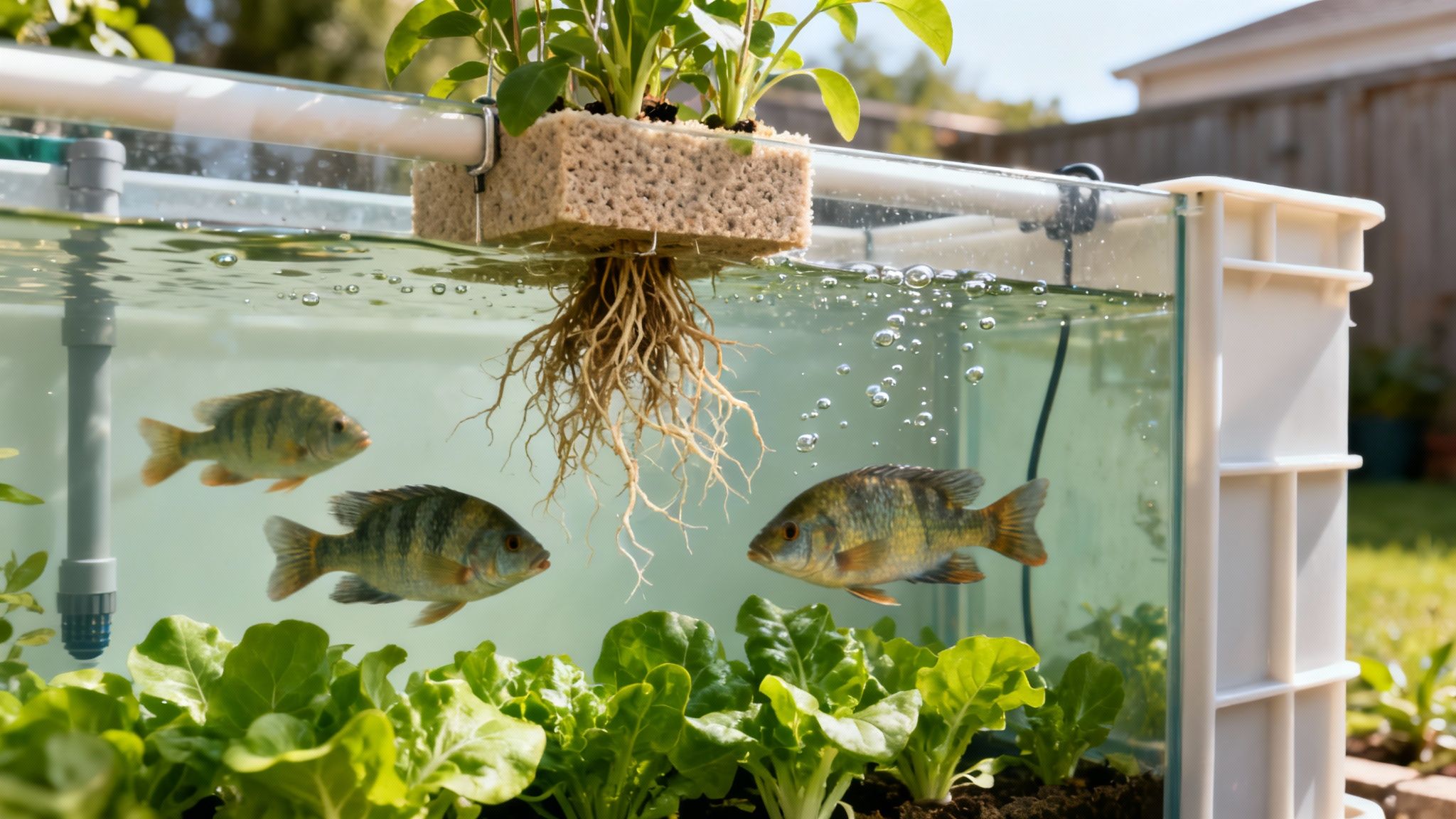 Two tilapia swimming in a clean aquaponics fish tank.