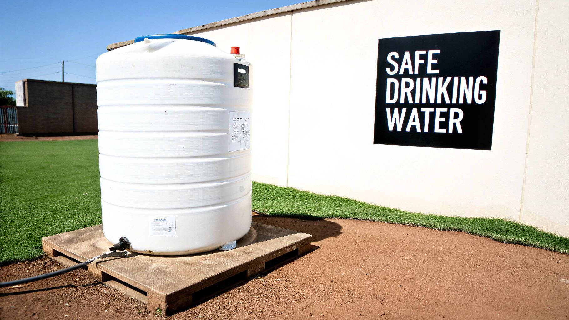 Person inspecting the inside of a large, clean water storage tank