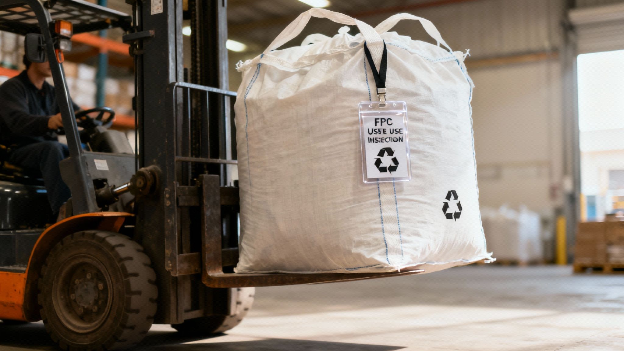 A Guide to Flexible Intermediate Bulk Containers A forklift safely lifting a full, white flexible intermediate bulk container by its loops in a clean warehouse environment.