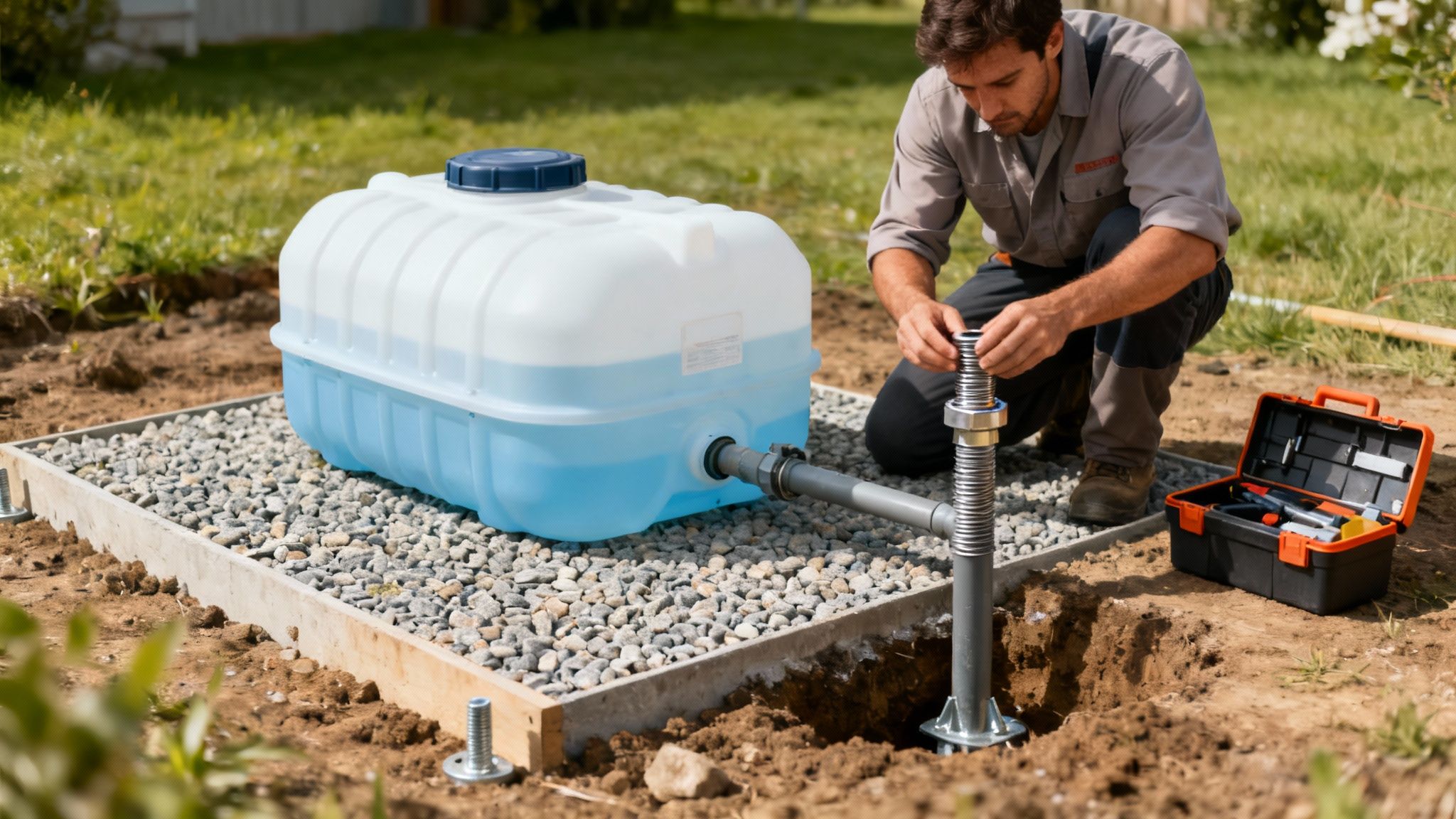 Your Guide to Portable Water Tanks A person inspecting a portable water tank in an industrial setting