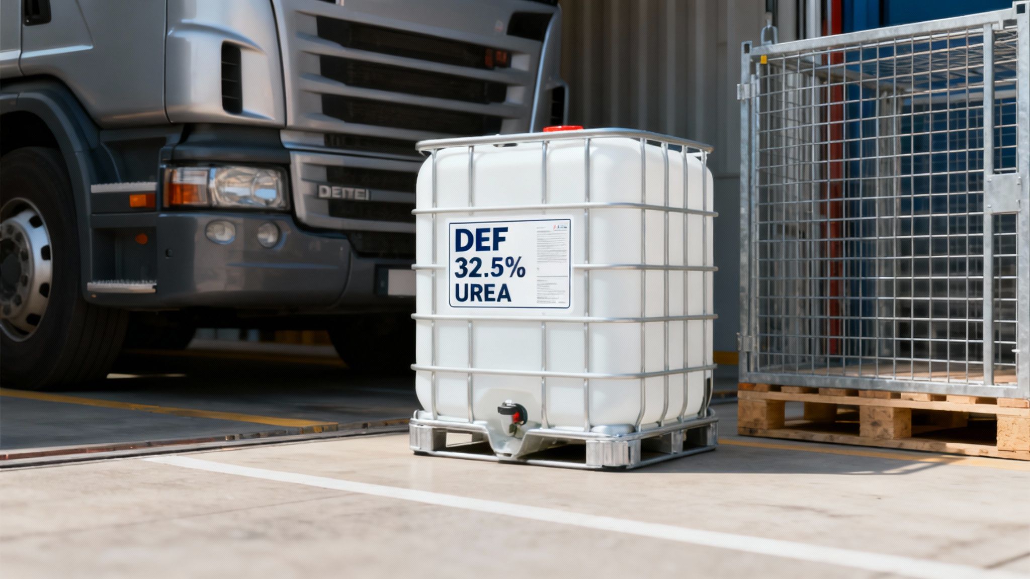 A diesel exhaust fluid tote being used in a commercial fleet yard