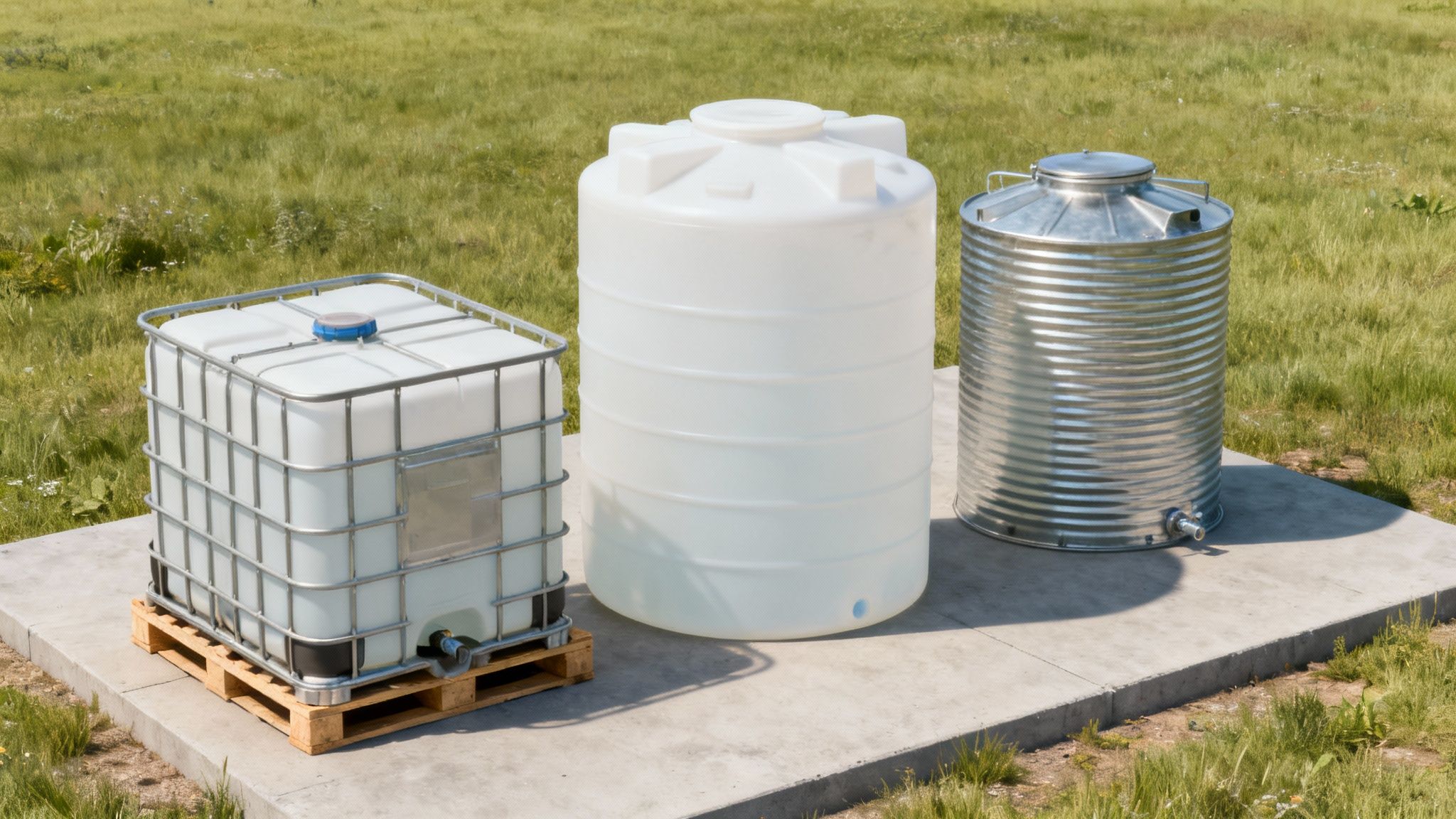 A large polyethylene water tank sitting in a grassy field next to a barn, illustrating agricultural use.