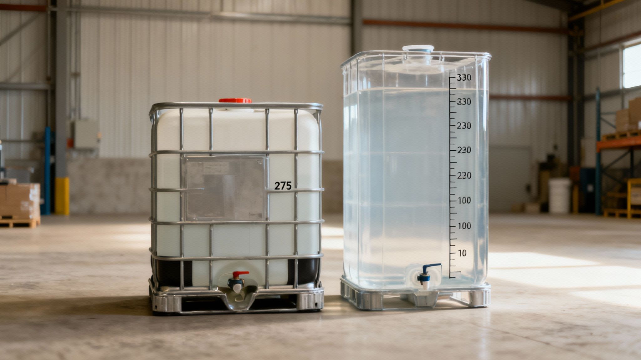 A close-up view of an IBC tote's valve and fittings, illustrating measurement points.