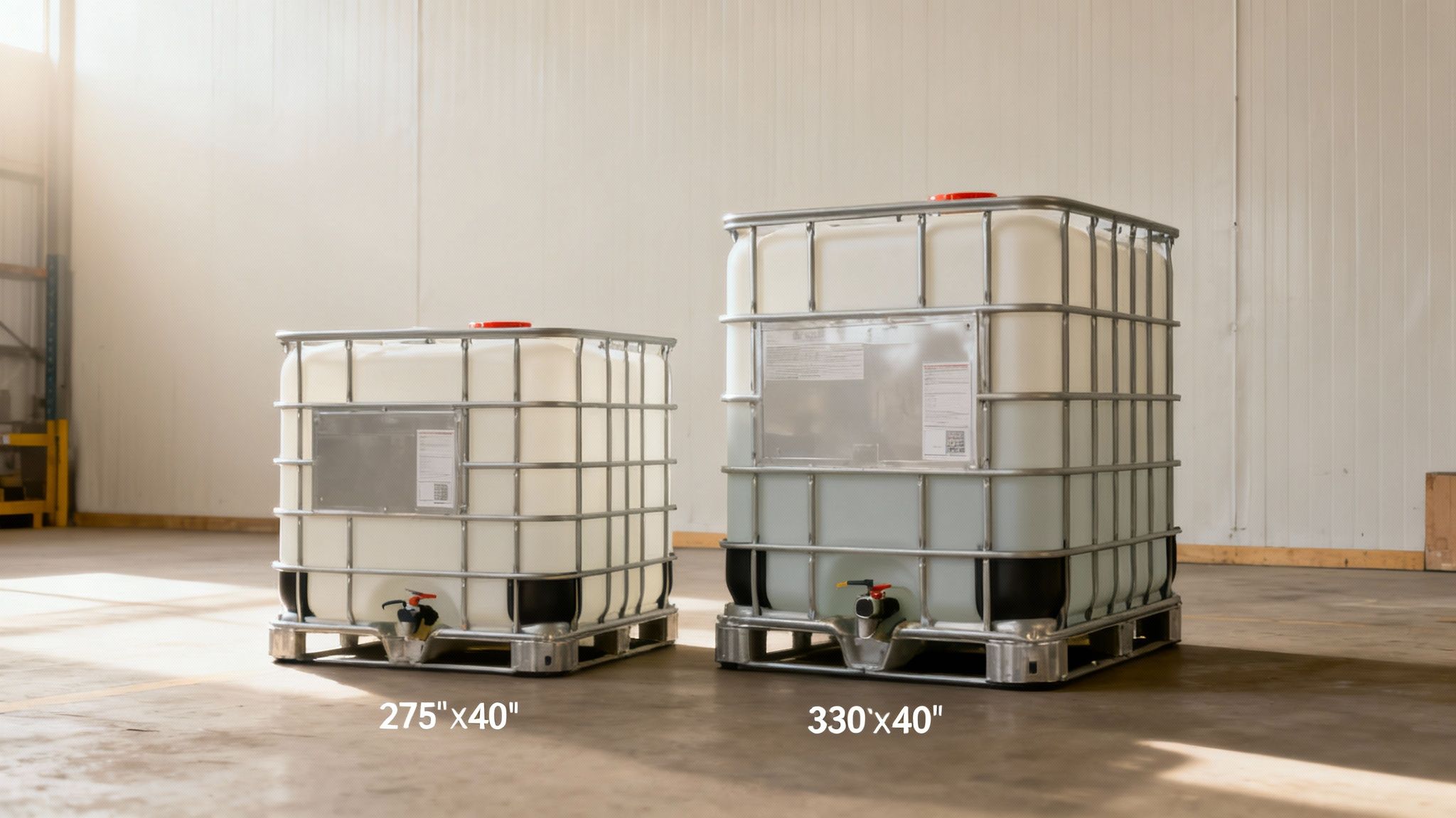 A 330-gallon IBC tote shown in an industrial environment