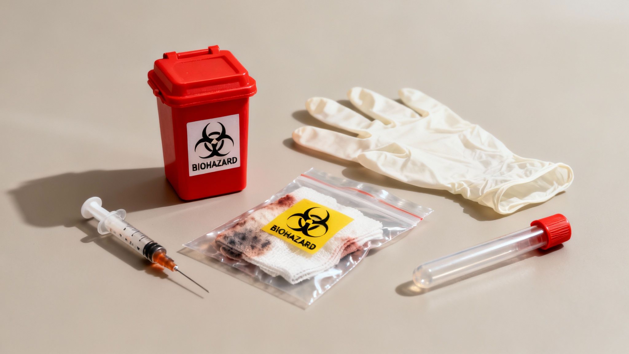 A collection of red and yellow biohazard waste containers of various sizes, clearly labeled and ready for use in a clean, clinical setting.