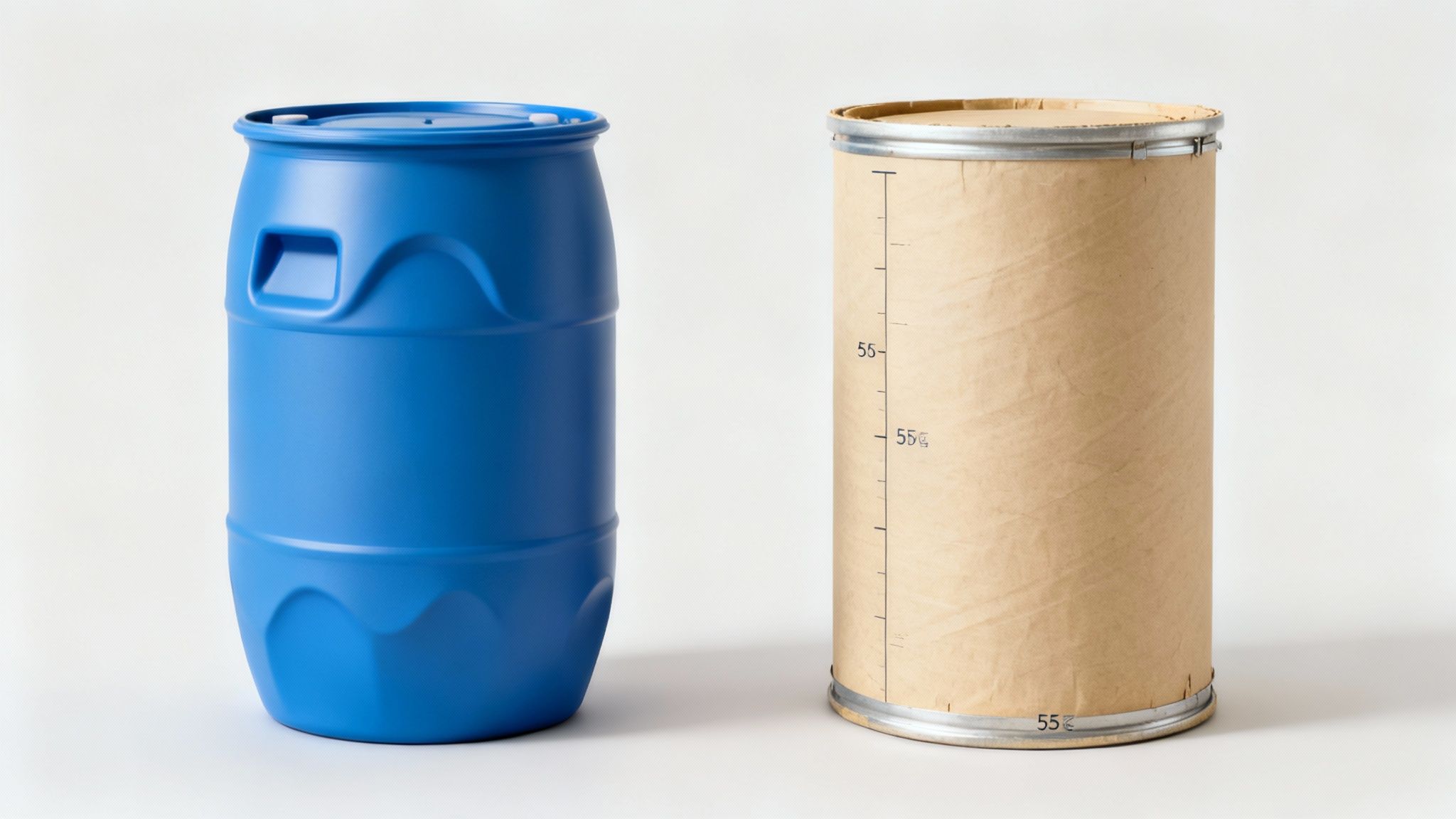 55 Gal Oil Drum Dimensions A Complete Reference Guide A lineup of blue plastic and brown fiber drums next to steel drums in a warehouse setting