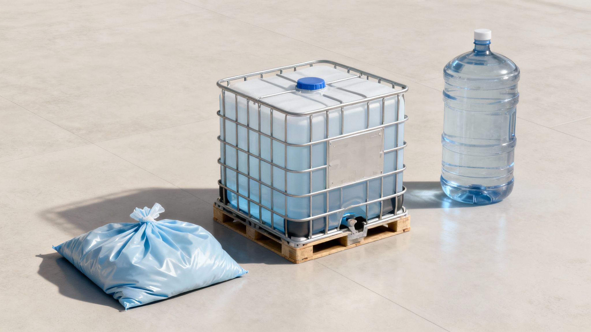Large water containers like IBC totes stacked in a warehouse