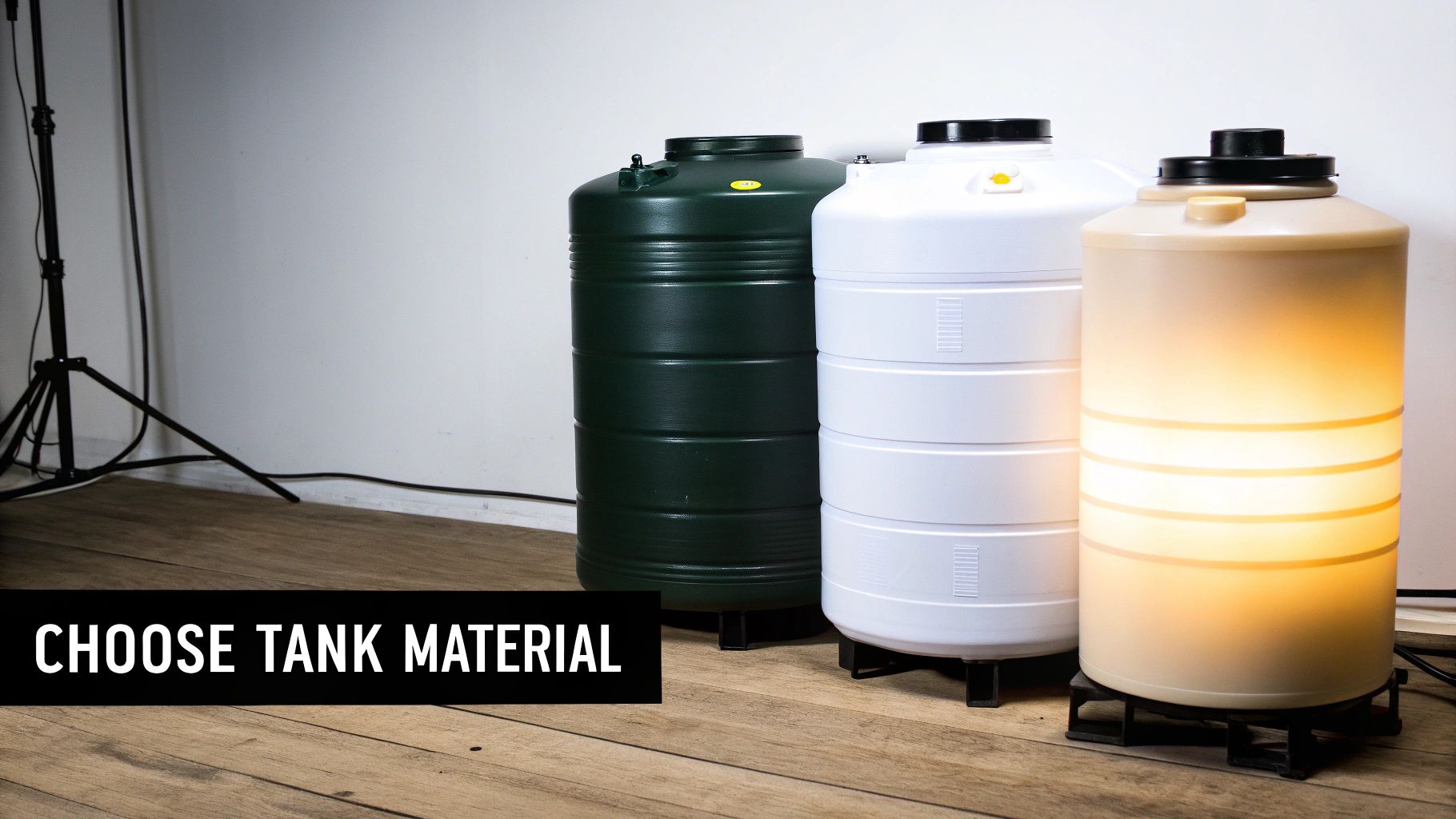 Three different types of potable water storage tanks lined up outdoors