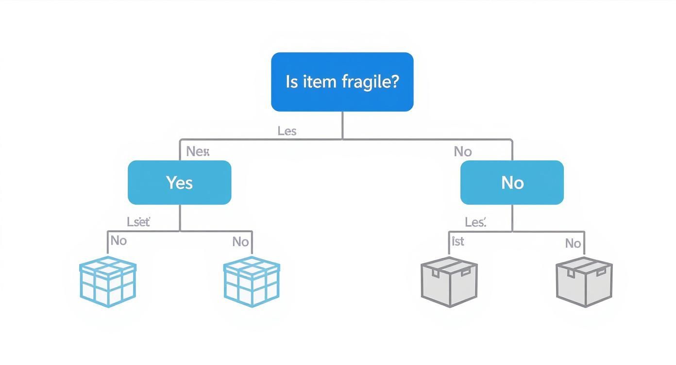 Infographic decision tree for choosing between a crate or box based on fragility and weight.