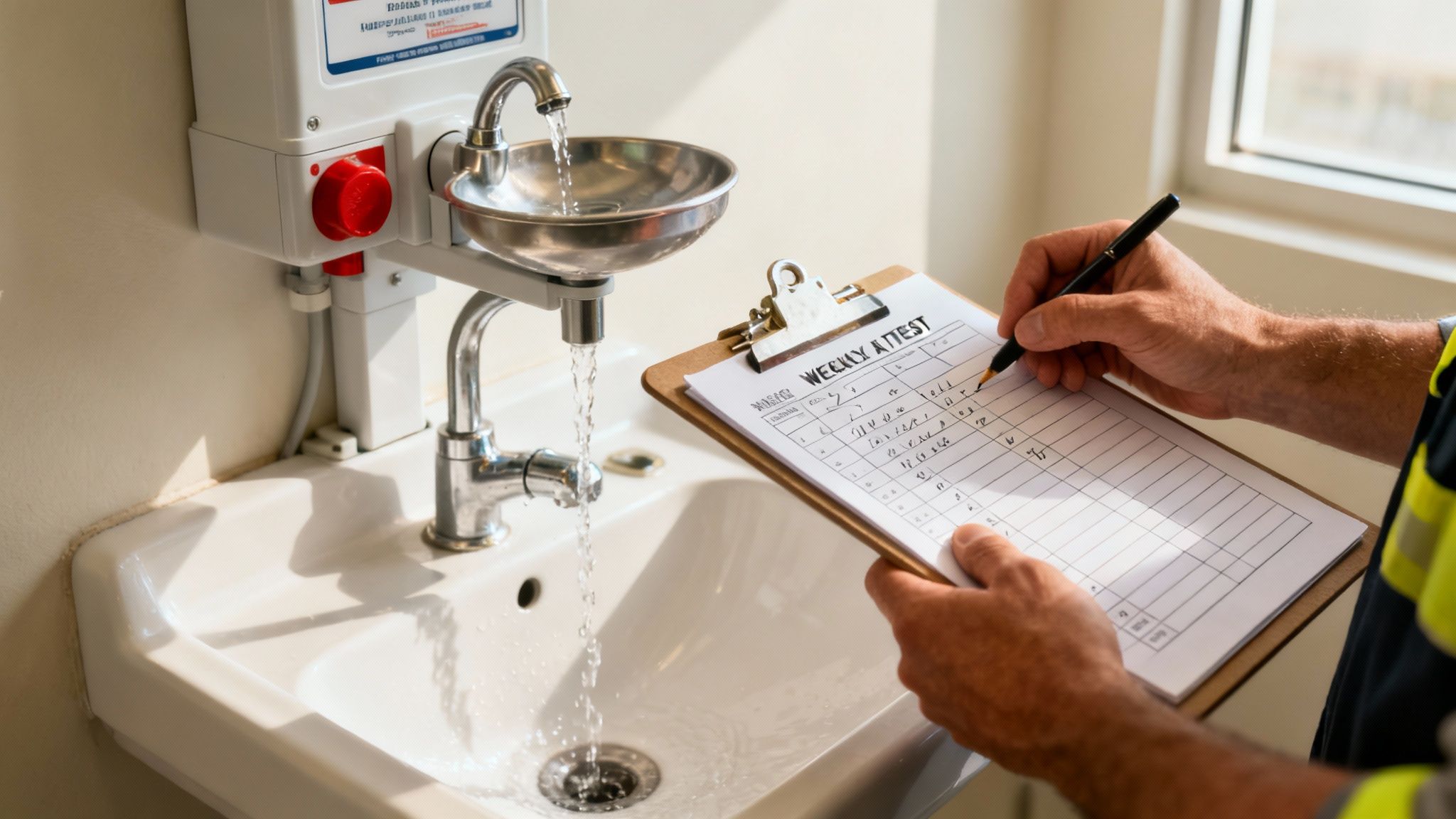 Emergency Shower and Eyewash Stations Workplace Guide A maintenance worker testing an emergency eyewash station with a tag.