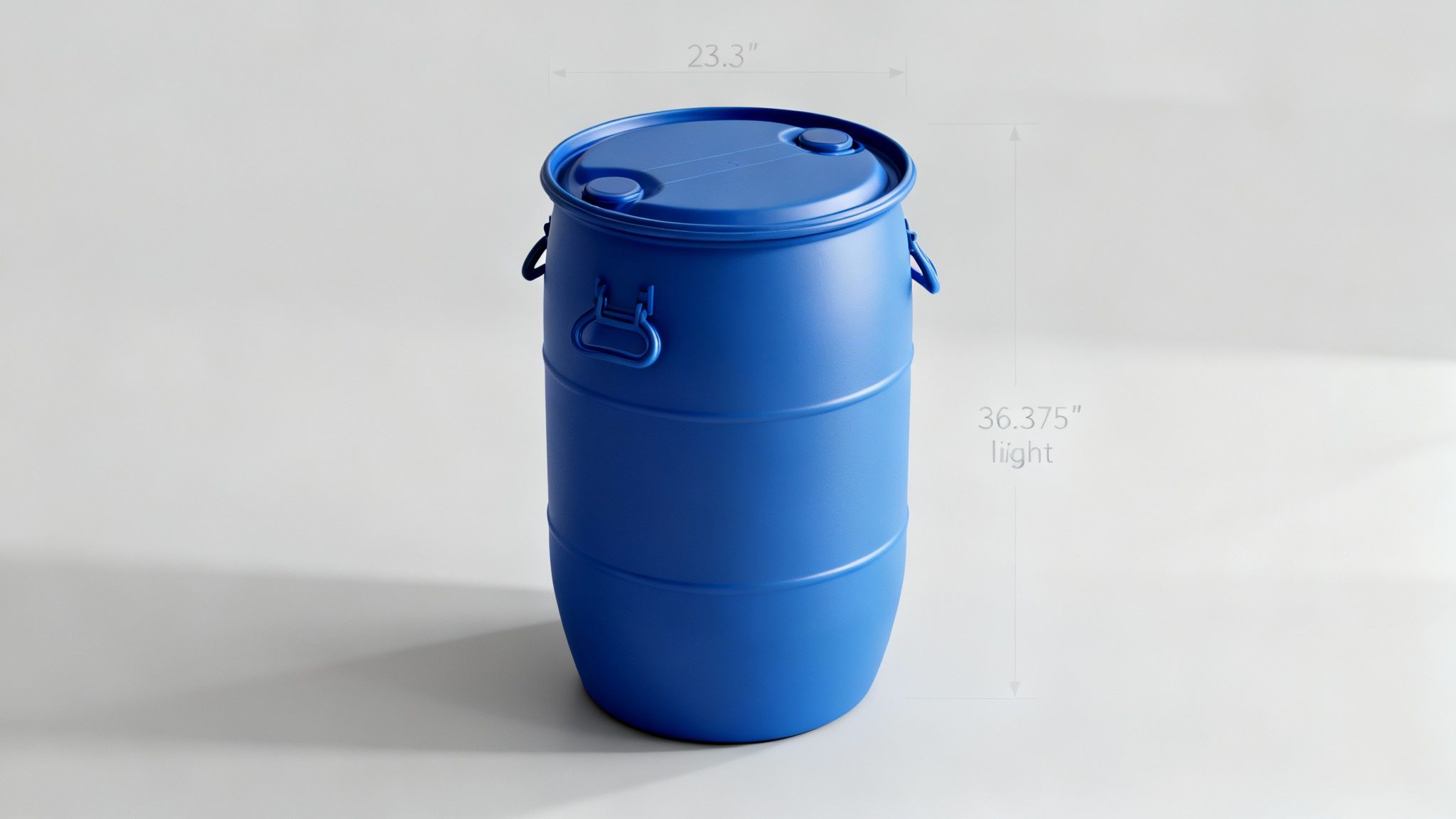 A blue plastic 55-gallon drum with a closed top, suitable for storing water or other liquids.