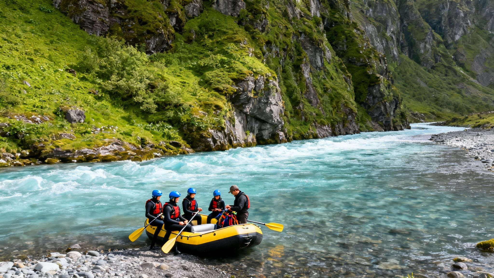 A yellow rafting boat with people in wetsuits on a turquoise river surrounded by green cliffs.