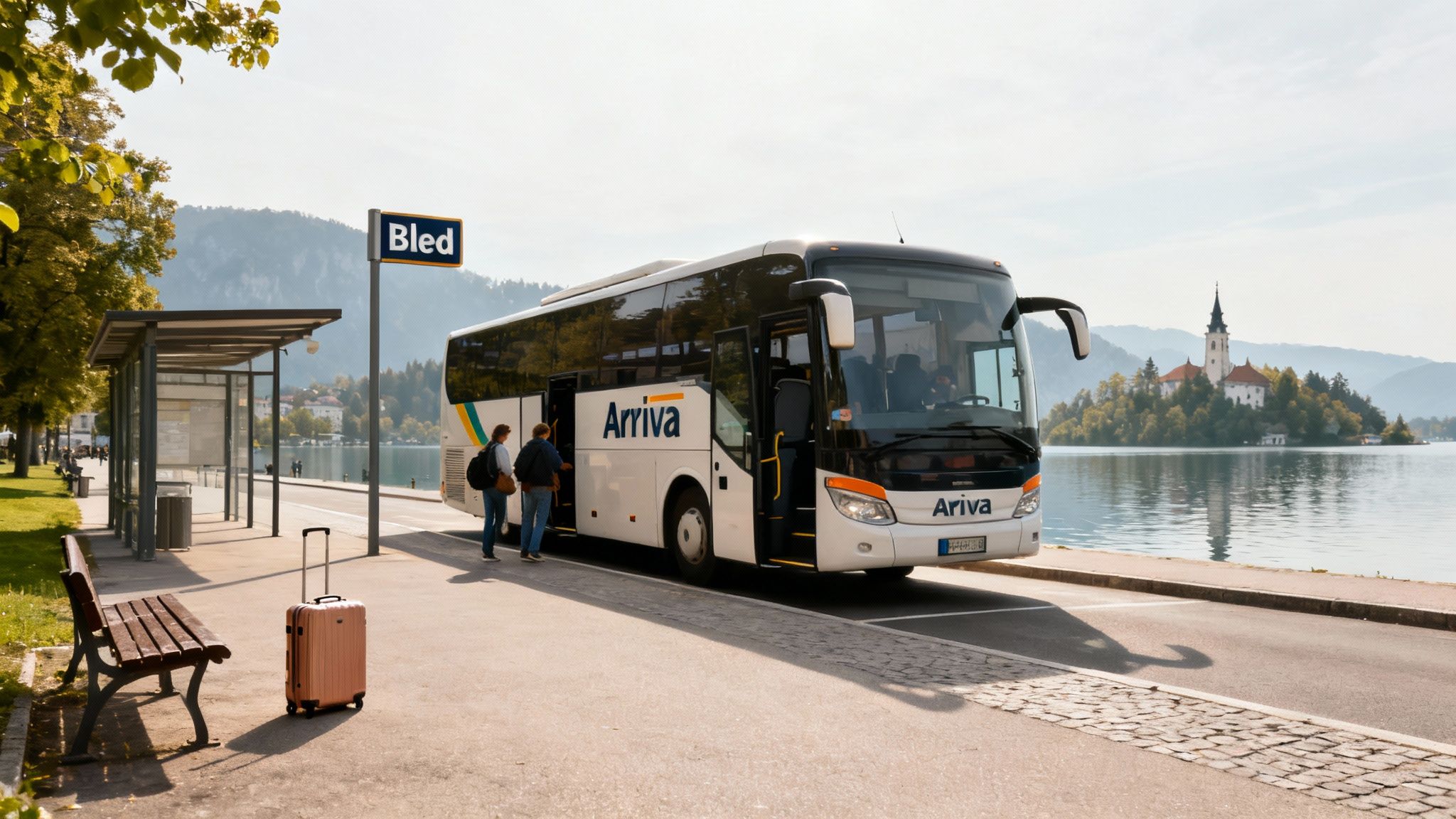 An Arriva bus at the Bled bus stop with passengers boarding, overlooking Lake Bled and its island church.