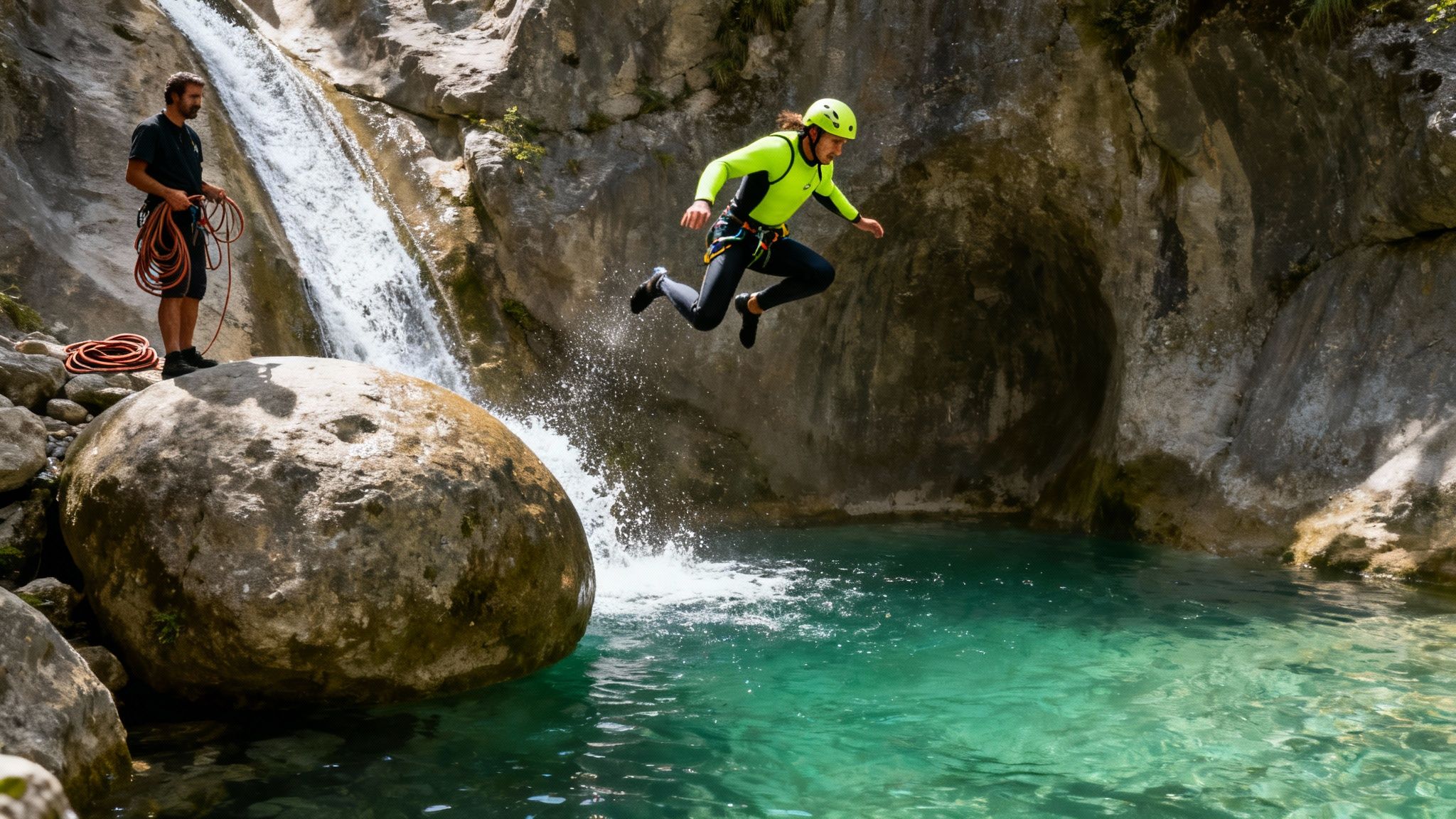 Two men canyoning in a gorge, one jumping into a turquoise pool, the other holding ropes near a waterfall.