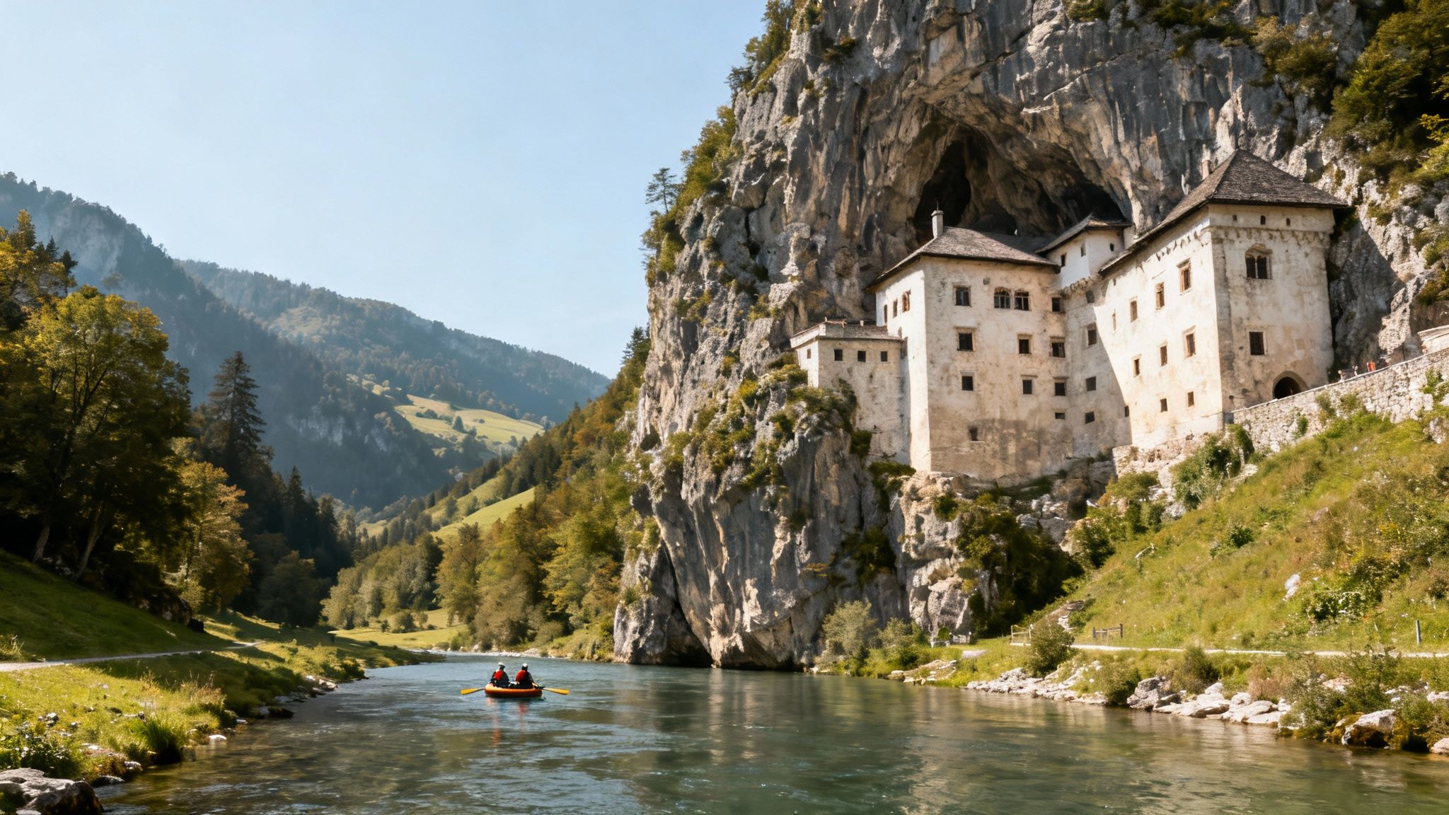 Predjama Castle, a medieval fortress built into a cave, overlooks a river with people kayaking.