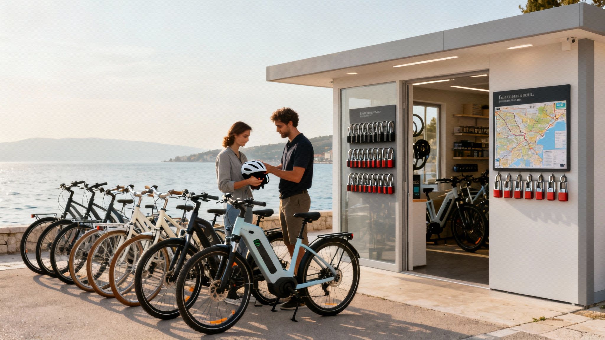 A couple stands outside a bike rental shop by the sea, looking at a helmet, with many bicycles parked.
