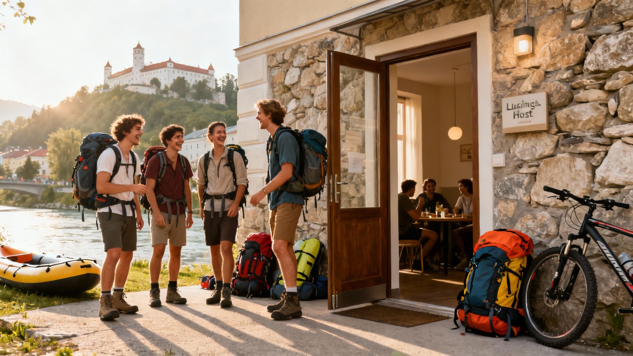 Happy young men with backpacks outside a hostel, with a castle and river in the background.