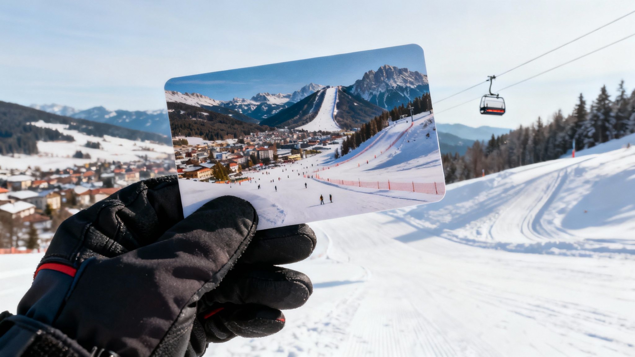 A gloved hand holds a photograph of a vibrant ski resort scene, contrasting with the real snowy landscape and chairlift.