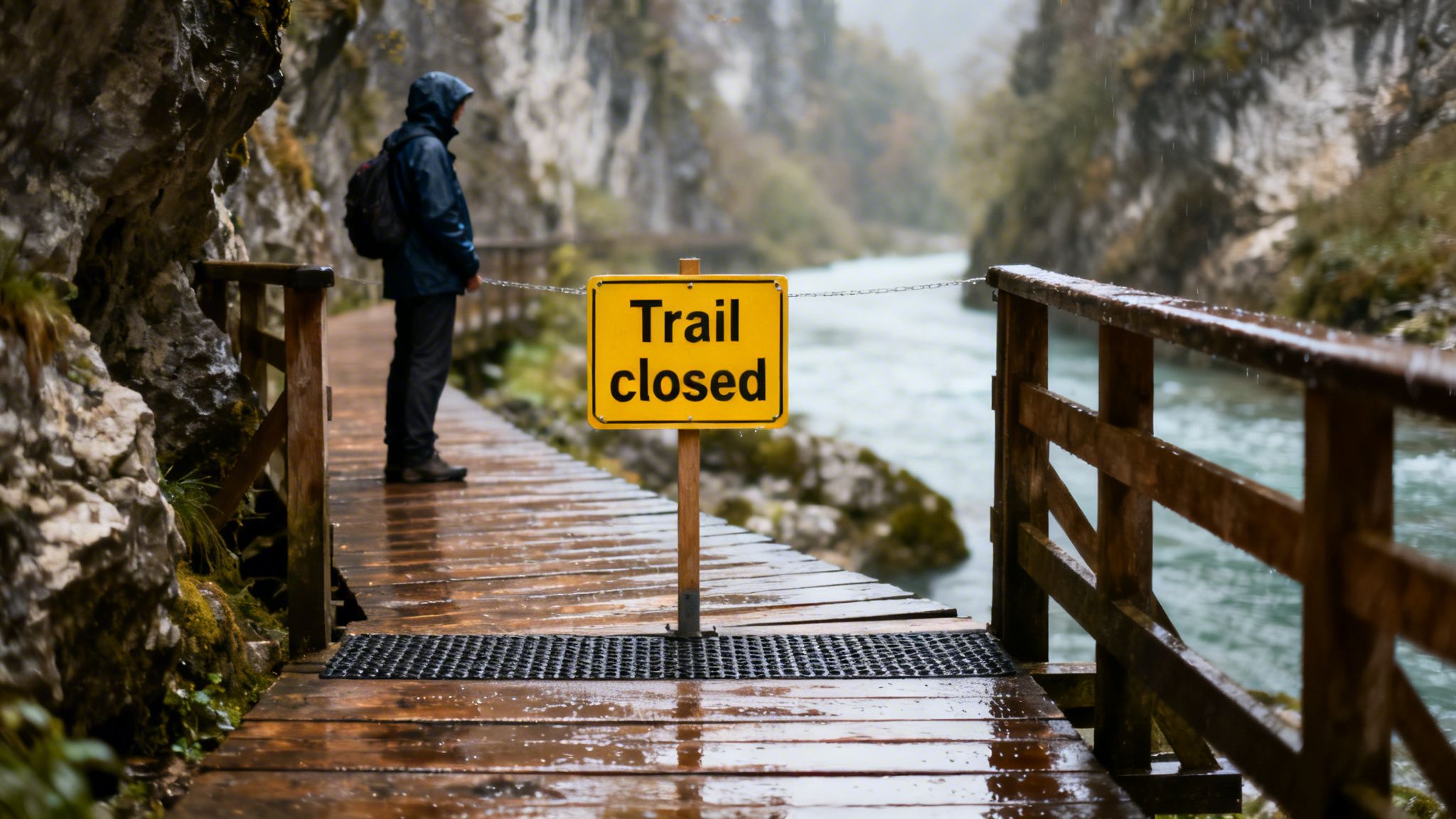 A hiker in a rain jacket on a wet wooden trail next to a river with a 'Trail Closed' sign.