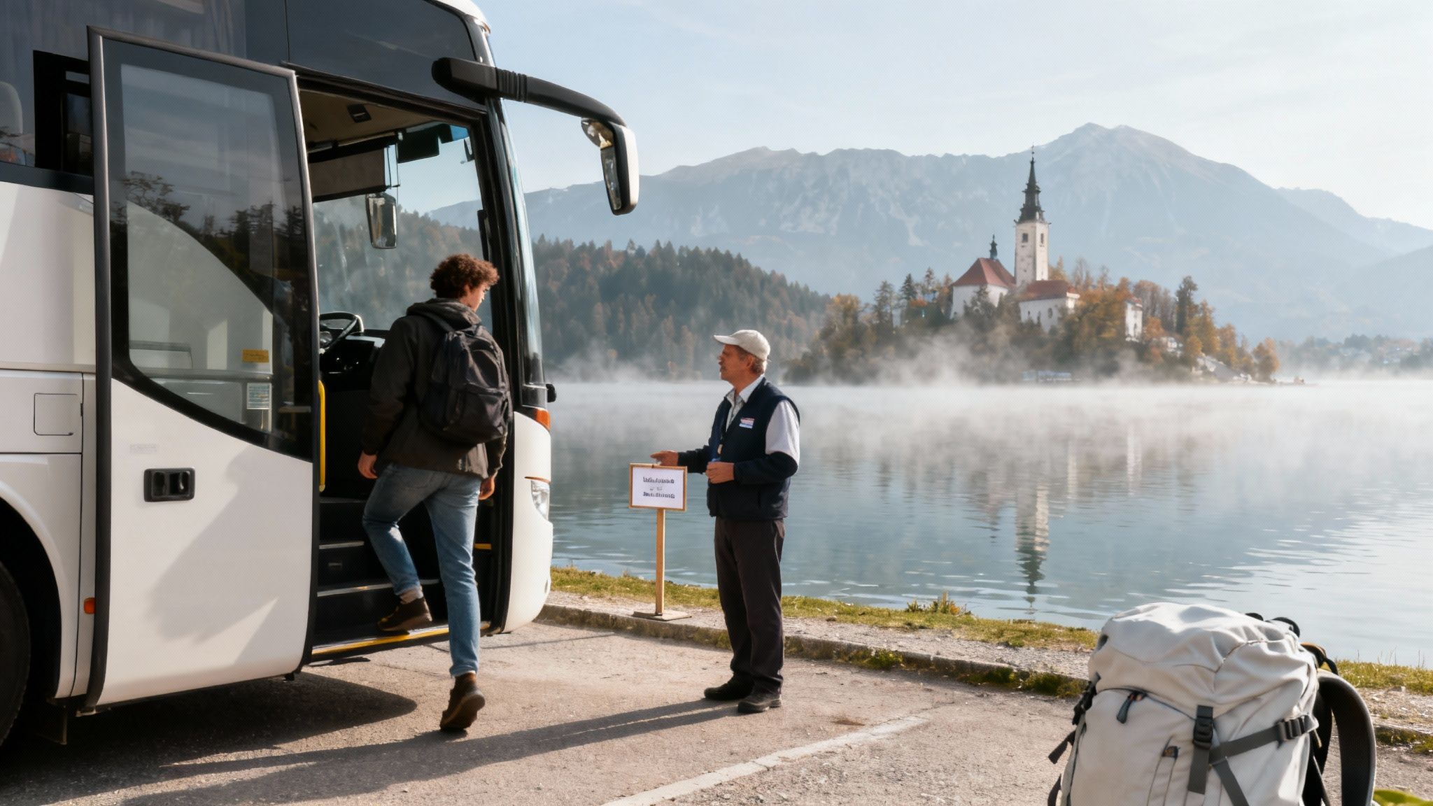 A traveler boards a bus next to a lake with a misty island church and mountains.
